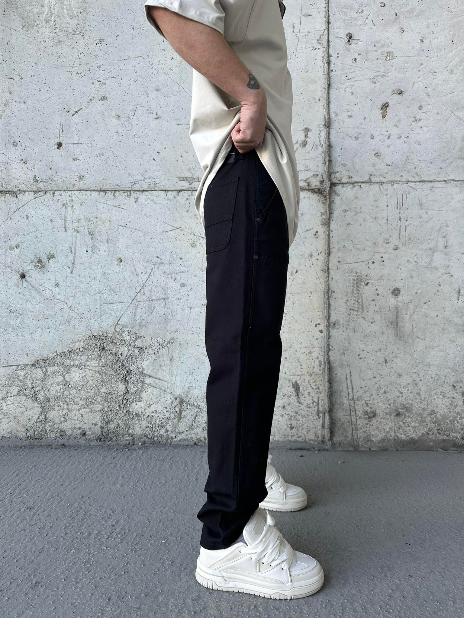 Önü Tasarım Kemerli Baggy Pantolon Siyah-Siyah
