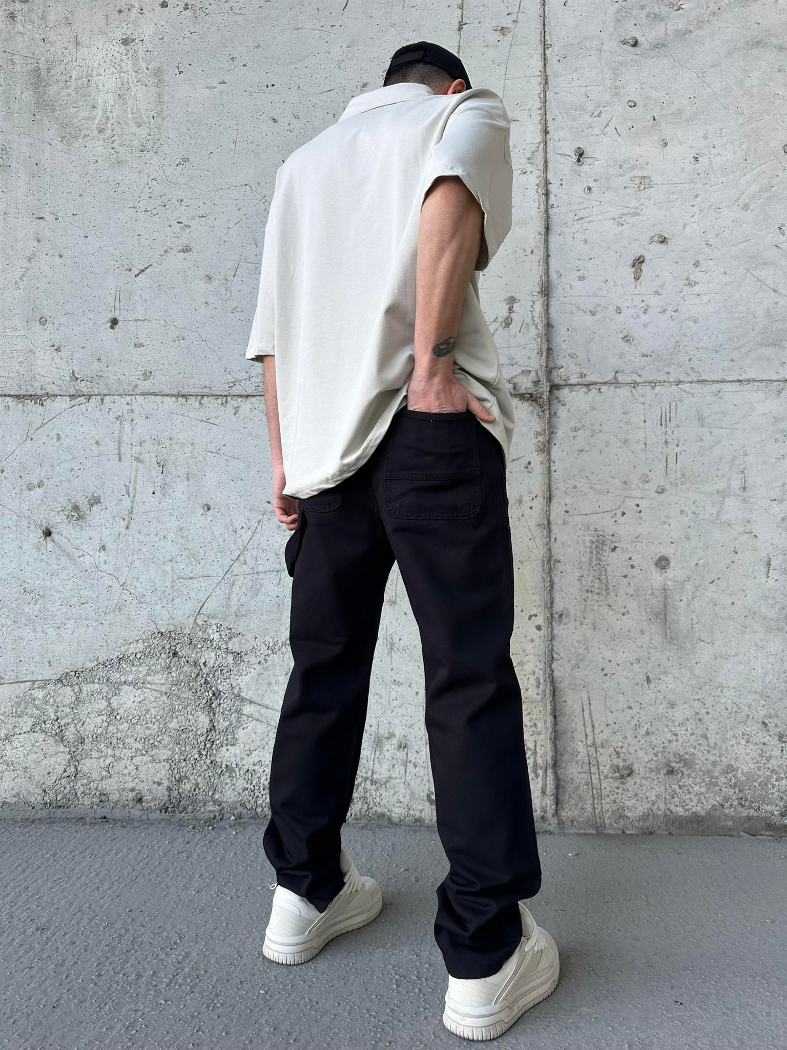 Önü Tasarım Kemerli Baggy Pantolon Siyah-Siyah
