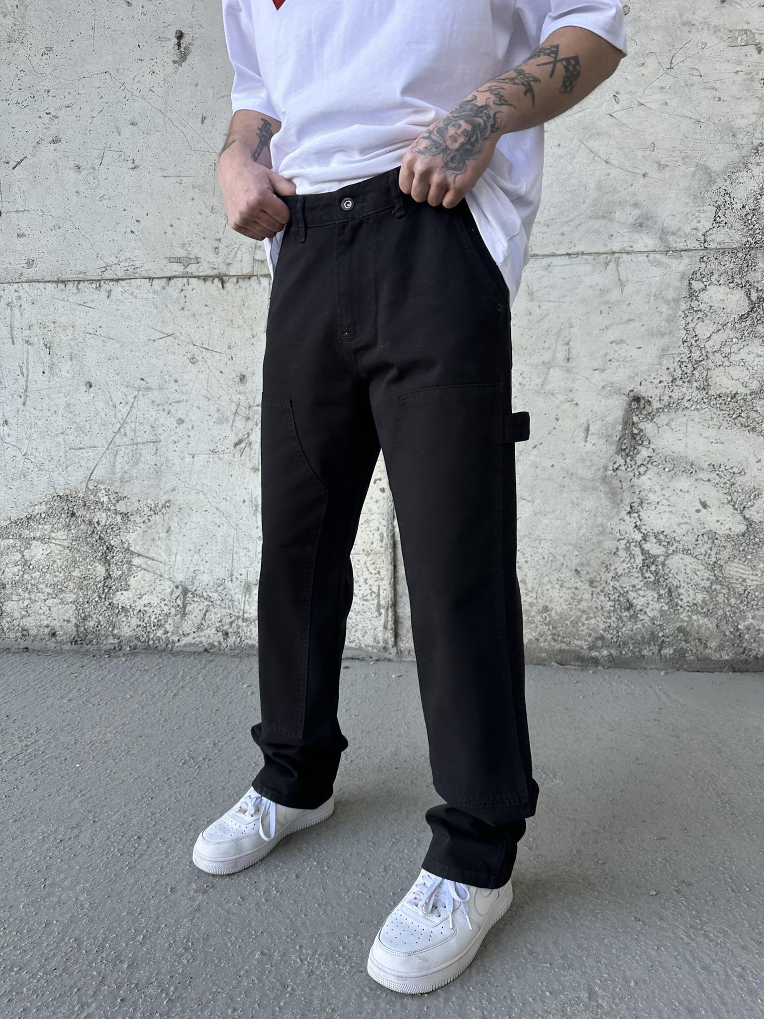 Önü Tasarım Kemerli Baggy Pantolon Siyah