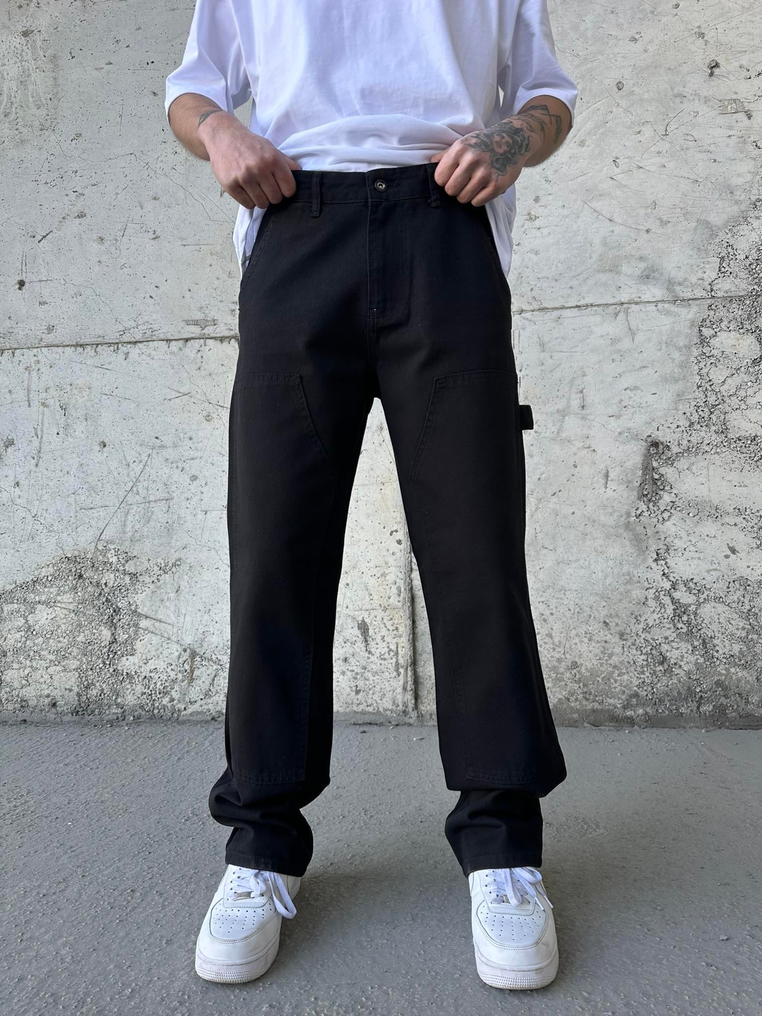 Önü Tasarım Kemerli Baggy Pantolon Siyah