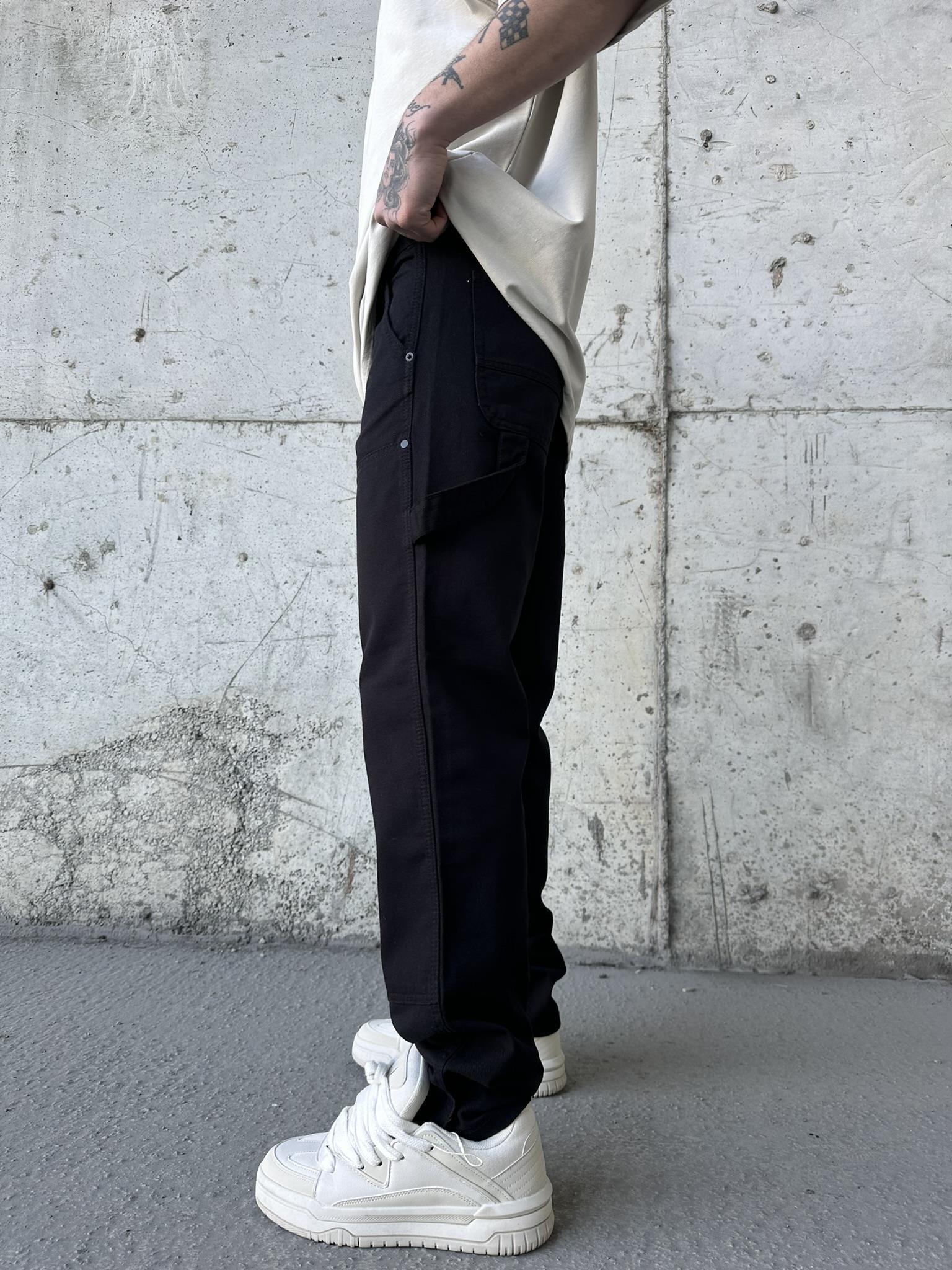 Önü Tasarım Kemerli Baggy Pantolon Siyah-Siyah