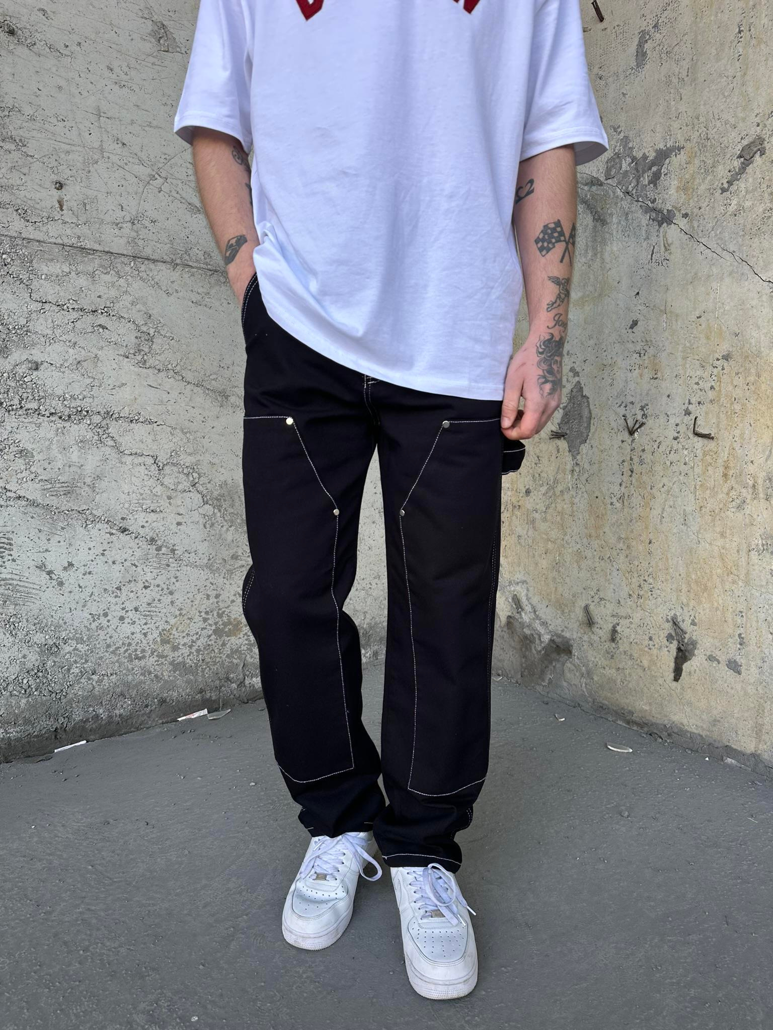 Önü Tasarım Kemerli Baggy Pantolon Siyah-Beyaz