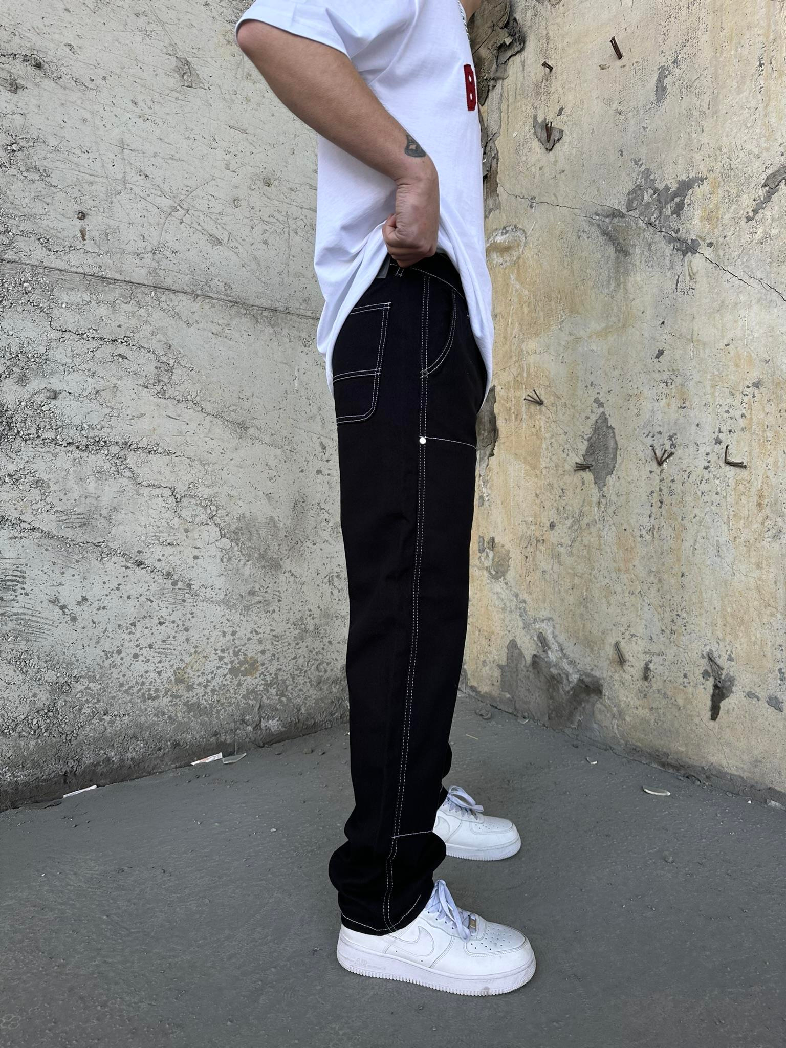 Önü Tasarım Kemerli Baggy Pantolon Siyah-Beyaz