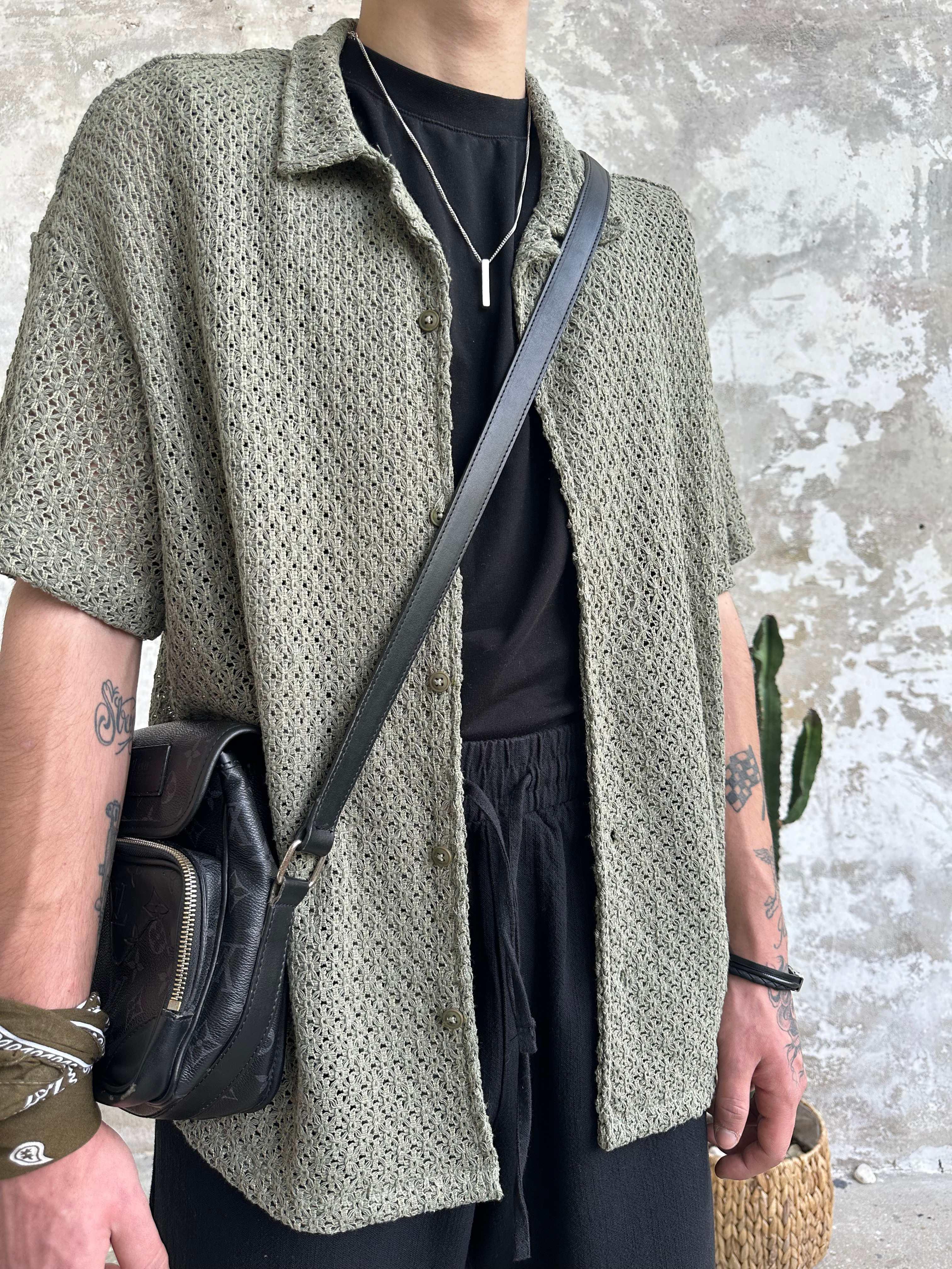 Örgü Yarım Kol Tasarım Gömlek - Haki