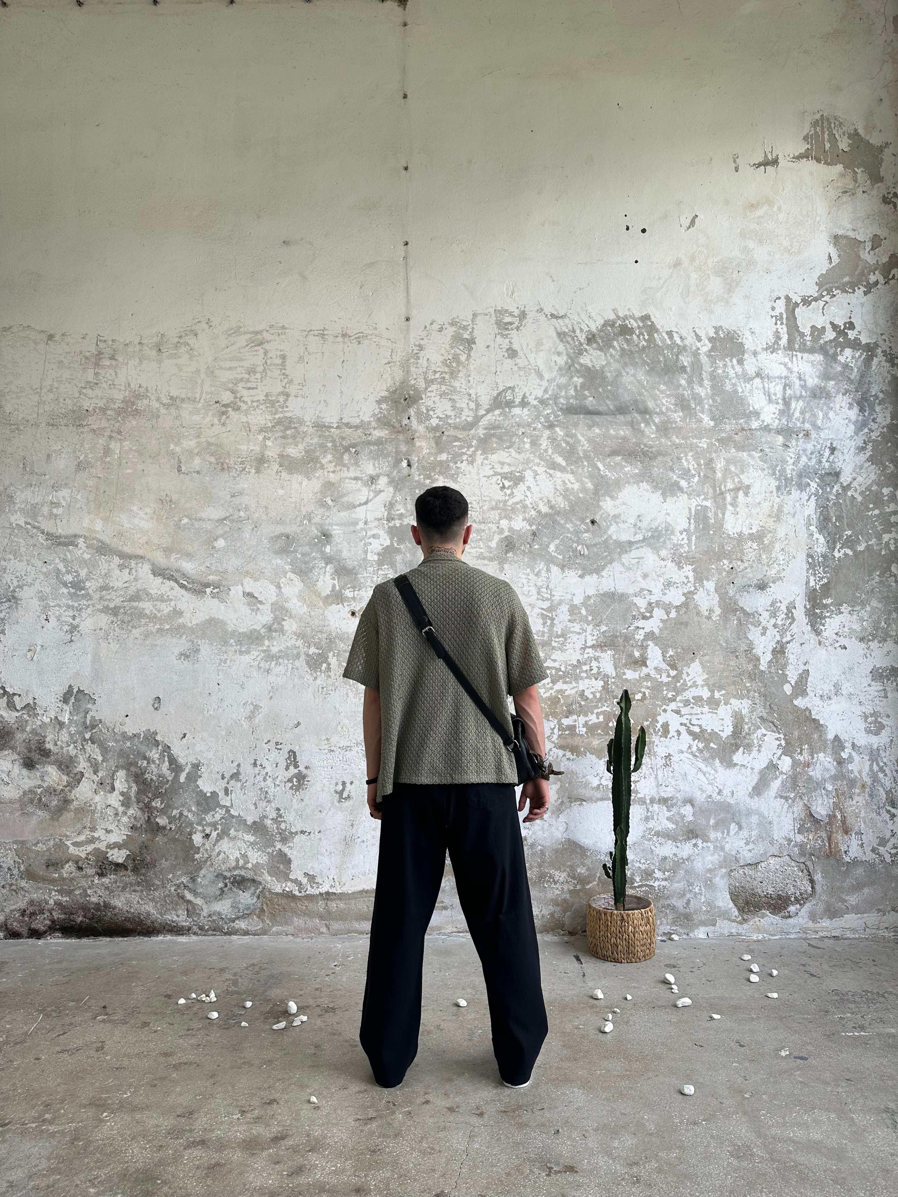 Örgü Yarım Kol Tasarım Gömlek - Haki