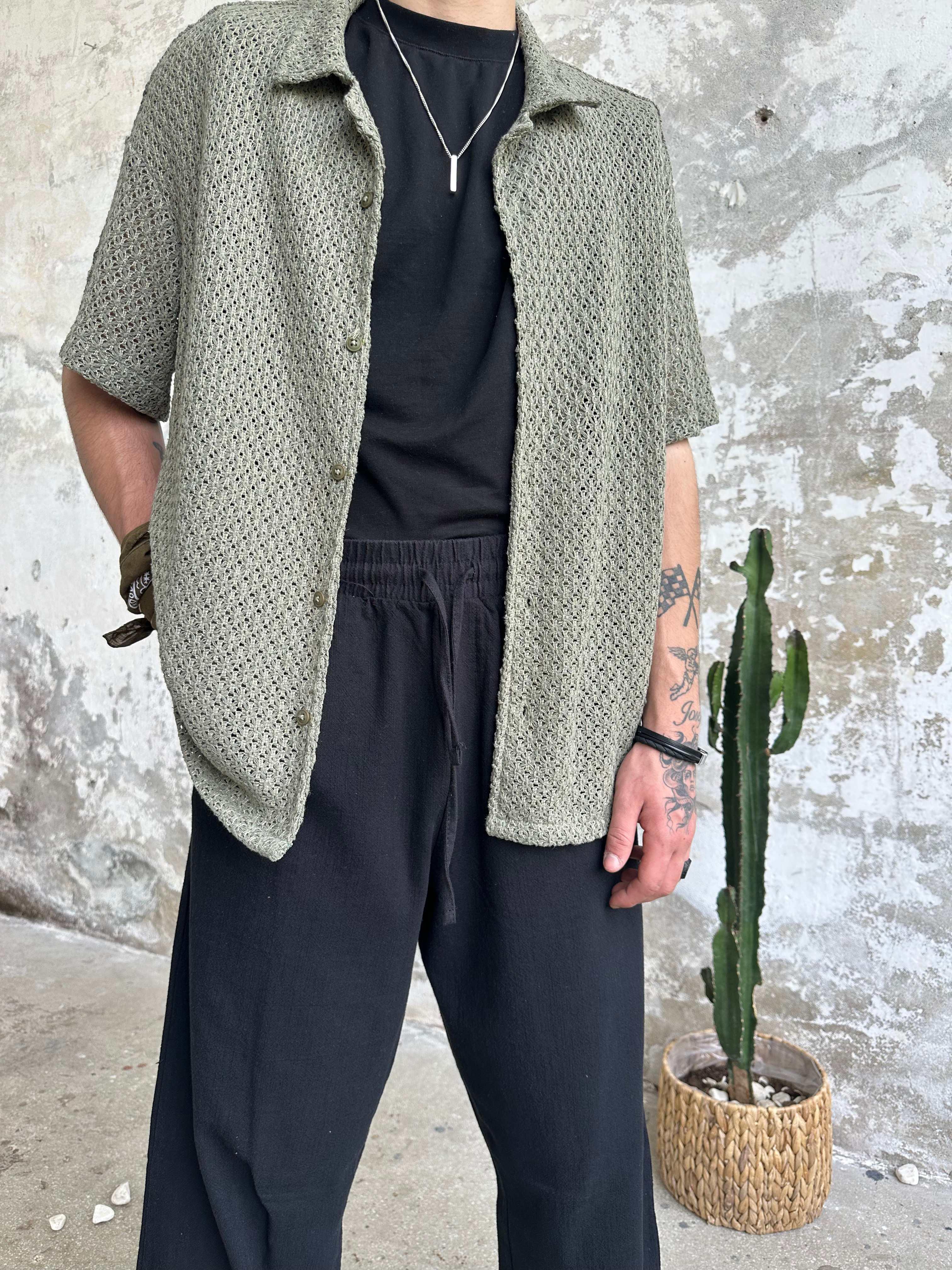 Örgü Yarım Kol Tasarım Gömlek - Haki