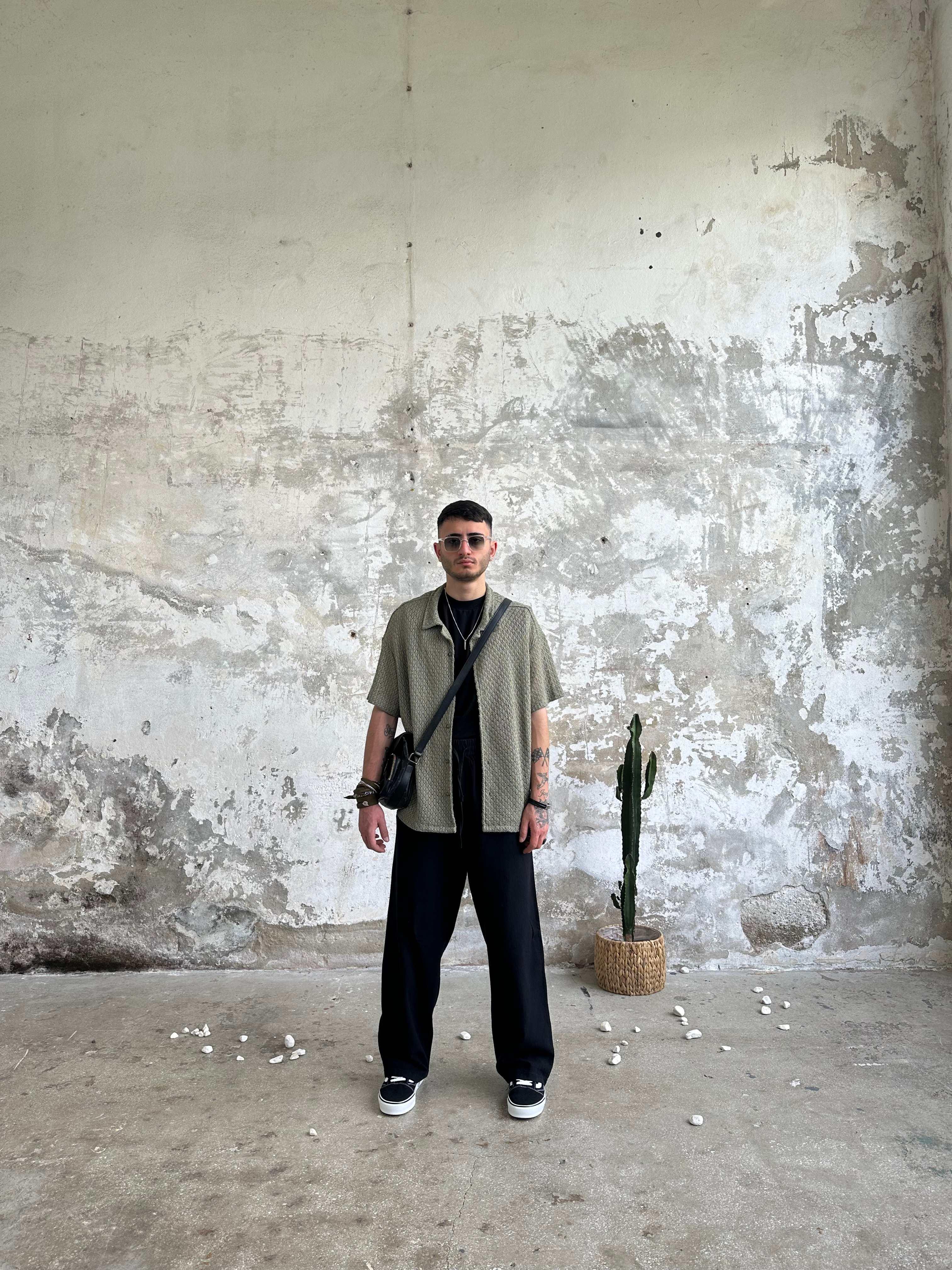 Örgü Yarım Kol Tasarım Gömlek - Haki