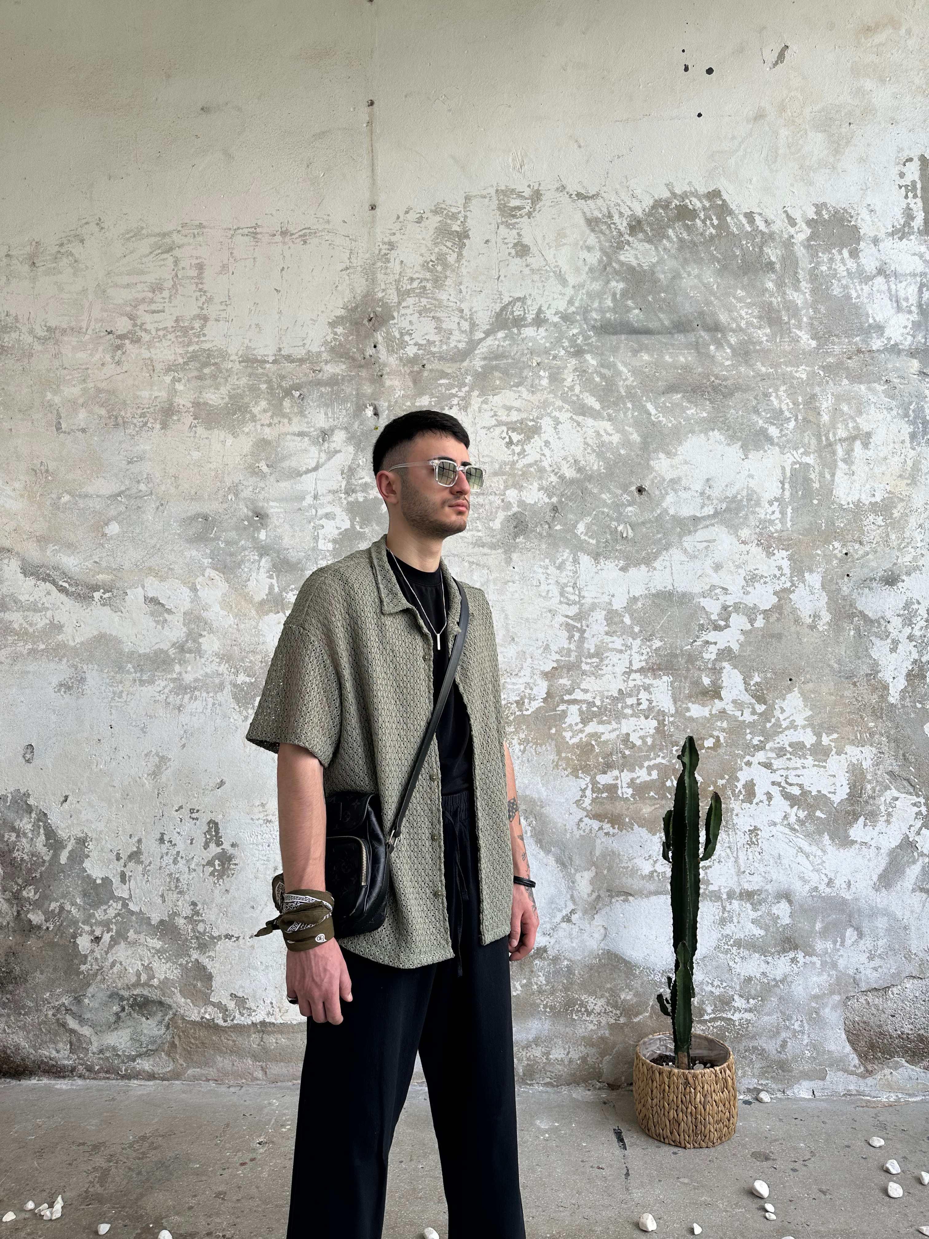 Örgü Yarım Kol Tasarım Gömlek - Haki