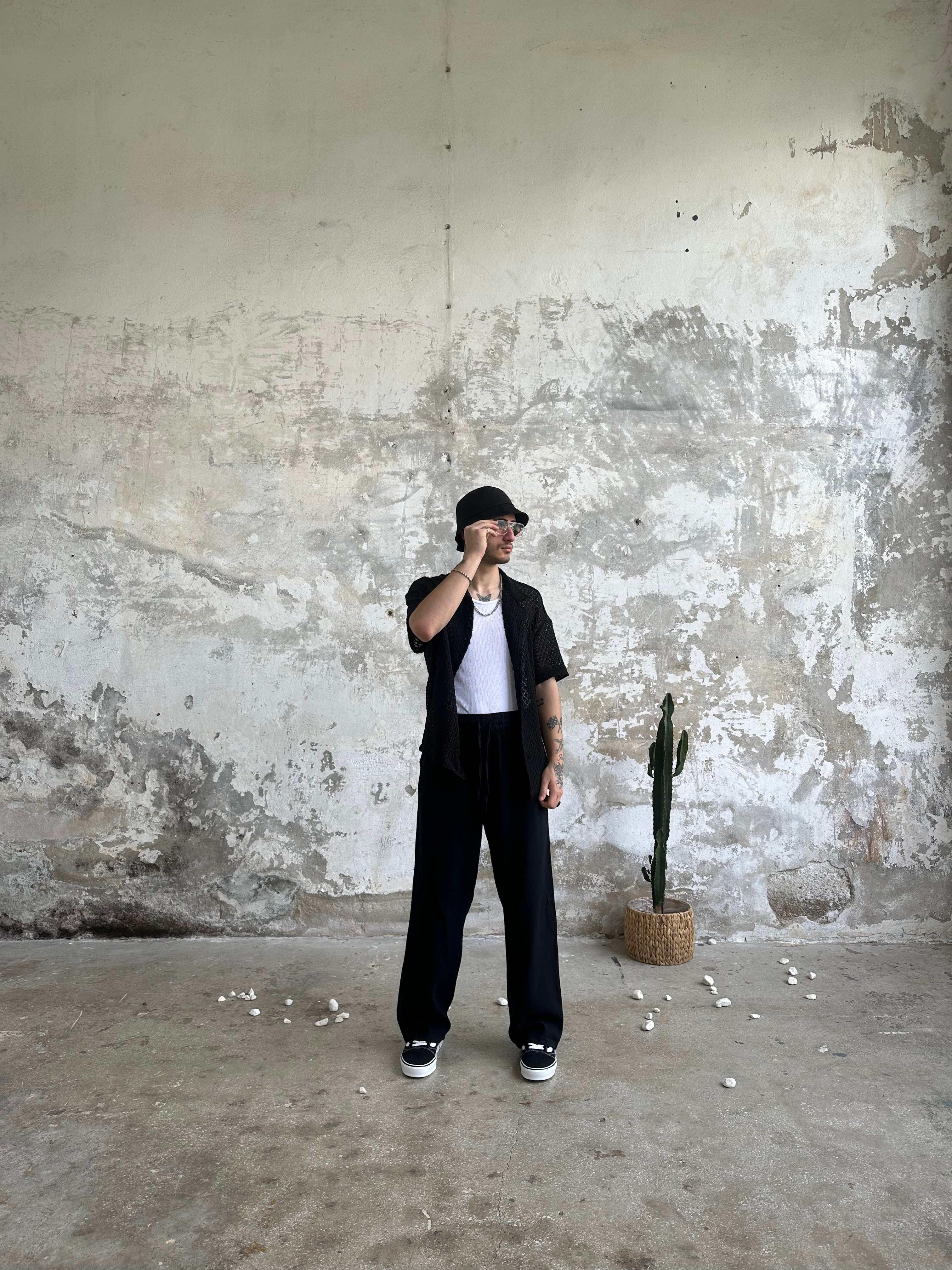 Örgü Yarım Kol Tasarım Gömlek - Siyah