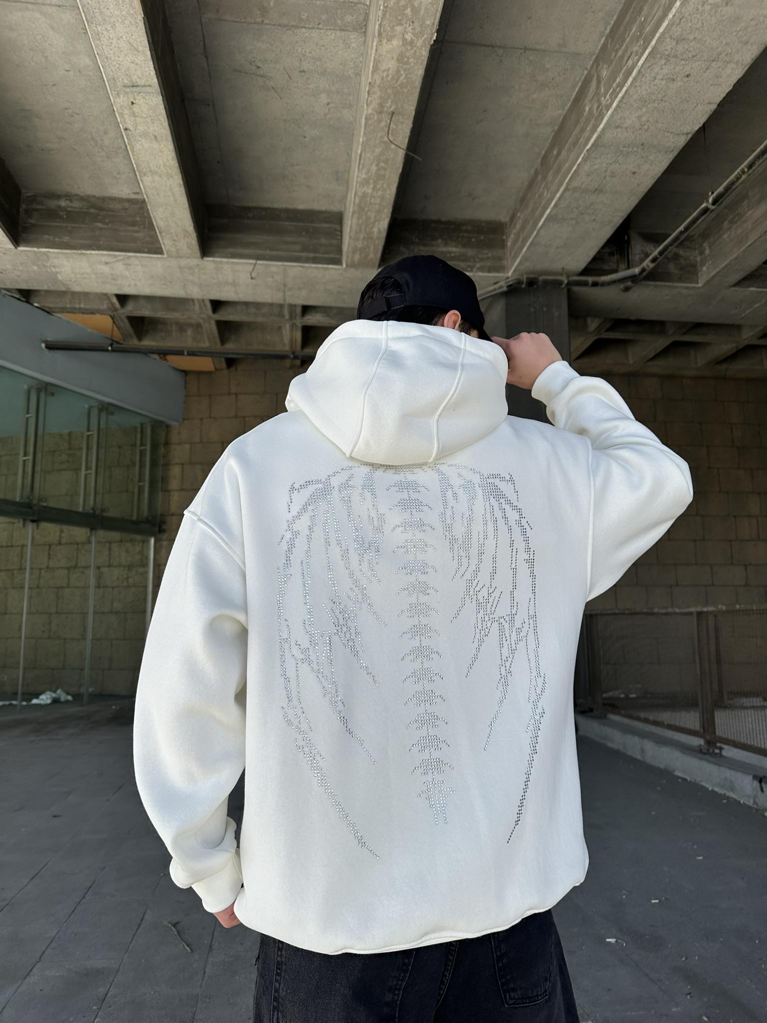 Oversize 'Angel Wing' Baskılı Hoodie Kapüşonlu Sweatshirt Beyaz