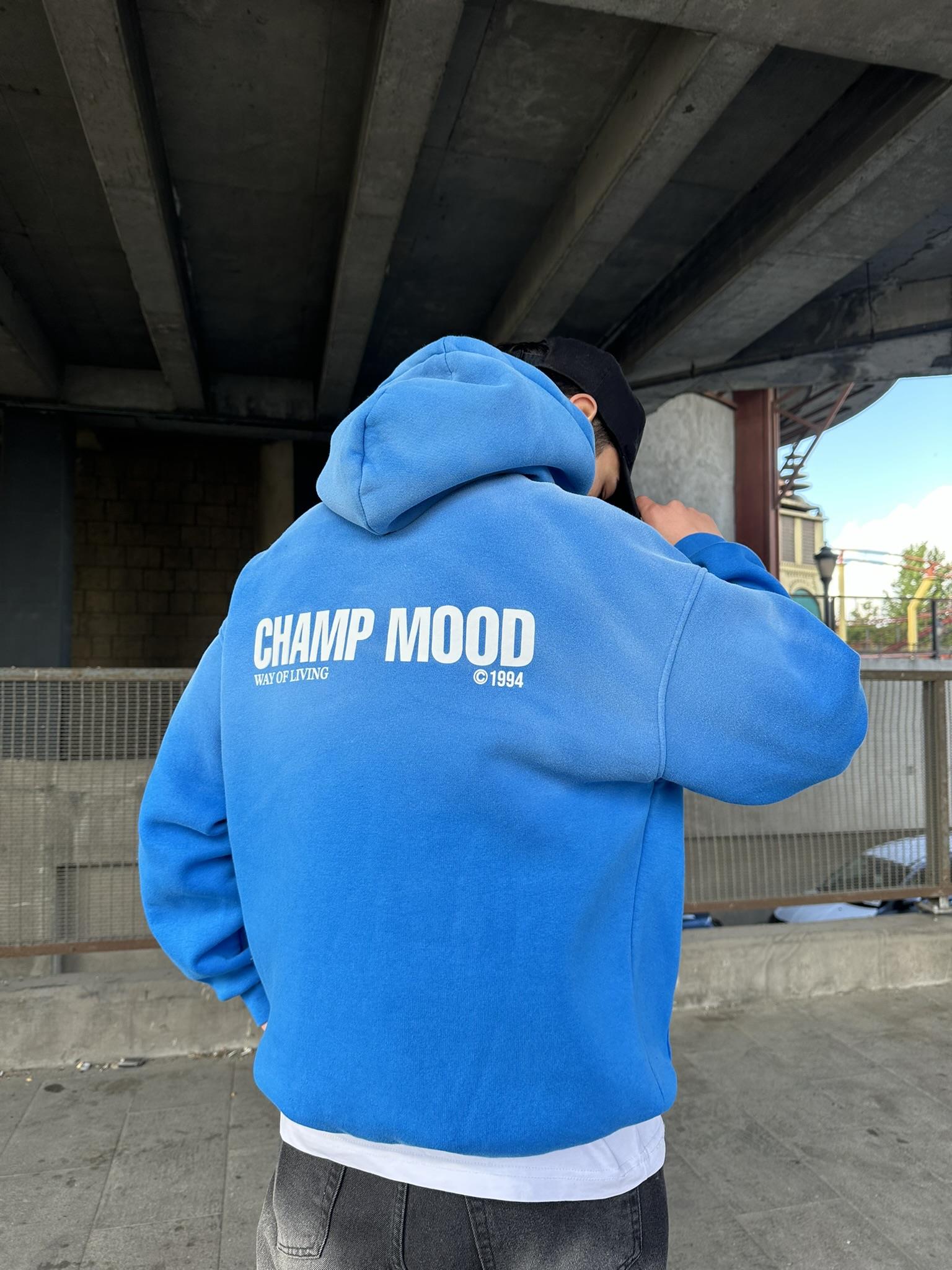 Oversize 'Champ Mood' Baskılı Hoodie Kapüşonlu Sweatshirt Mavi