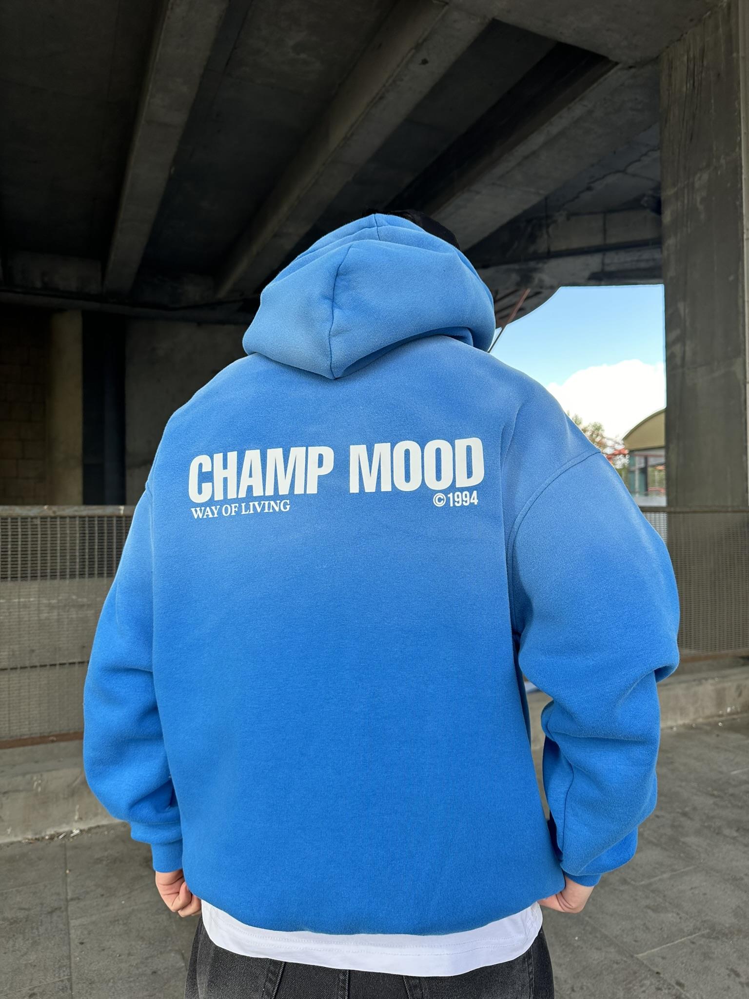 Oversize 'Champ Mood' Baskılı Hoodie Kapüşonlu Sweatshirt Mavi