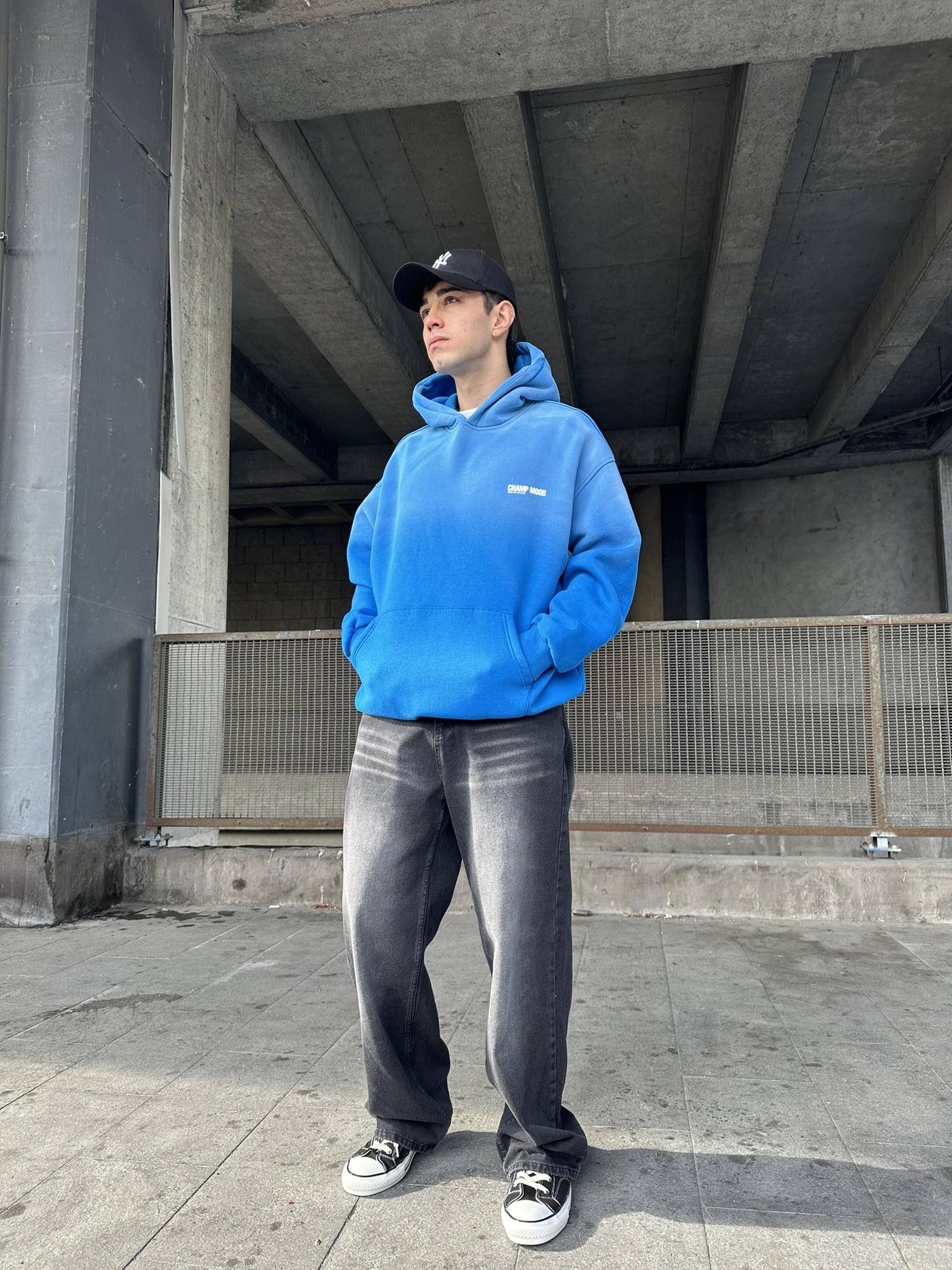 Oversize 'Champ Mood' Baskılı Hoodie Kapüşonlu Sweatshirt Mavi