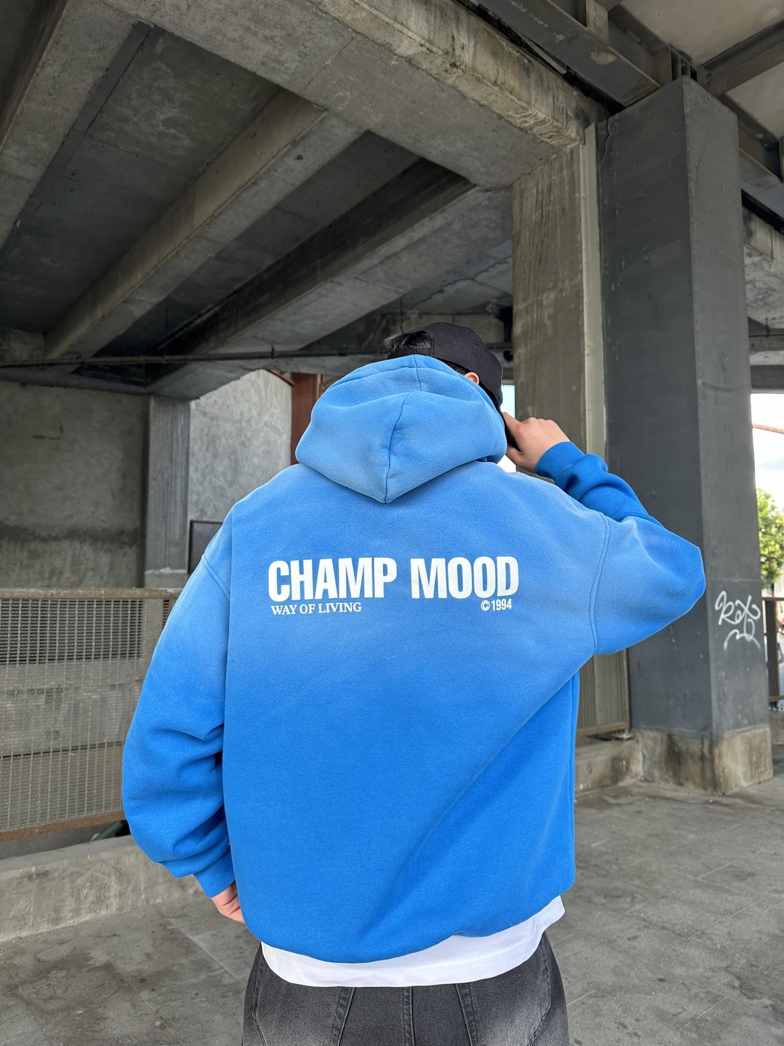 Oversize 'Champ Mood' Baskılı Hoodie Kapüşonlu Sweatshirt Mavi