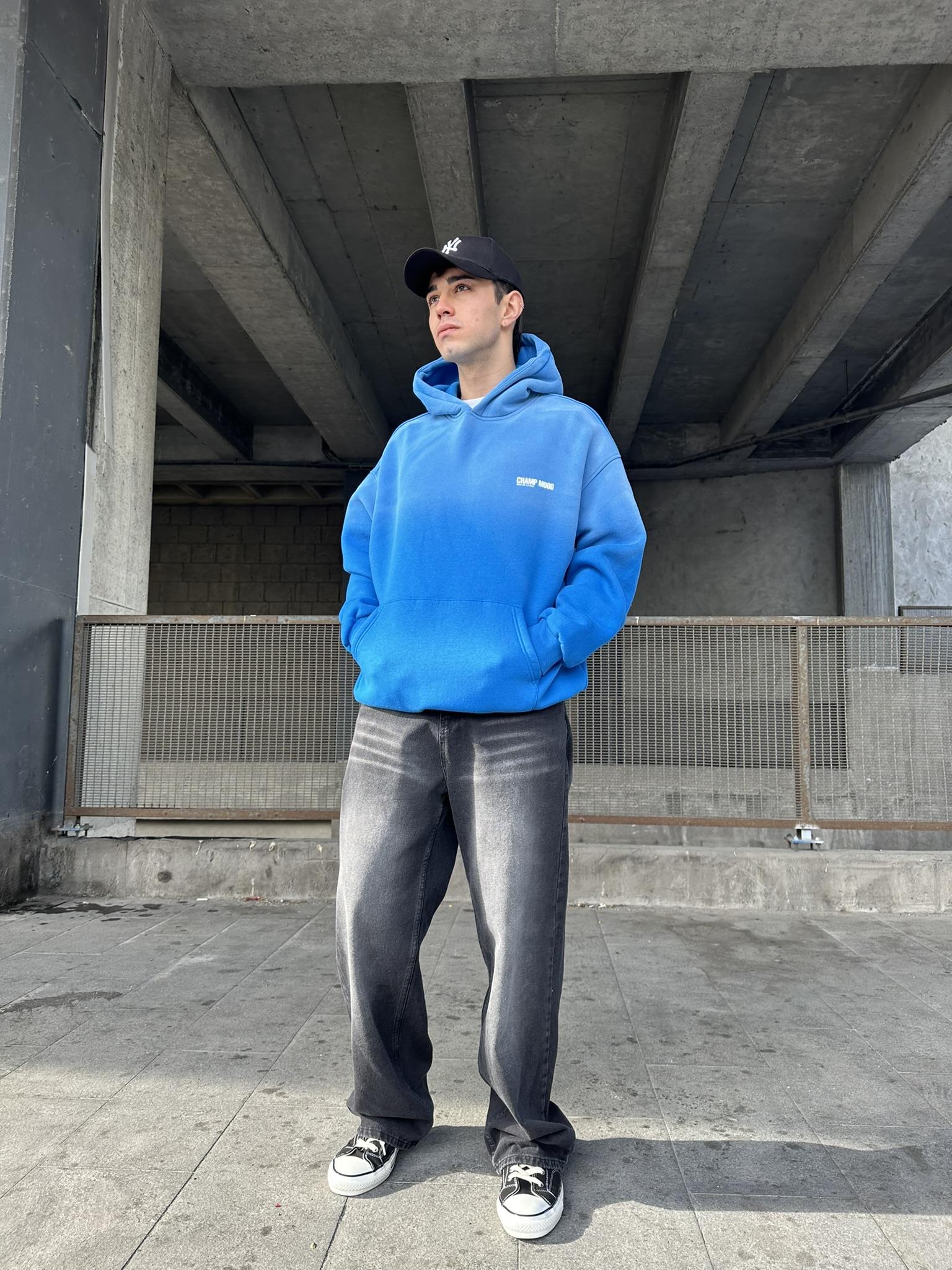 Oversize 'Champ Mood' Baskılı Hoodie Kapüşonlu Sweatshirt Mavi
