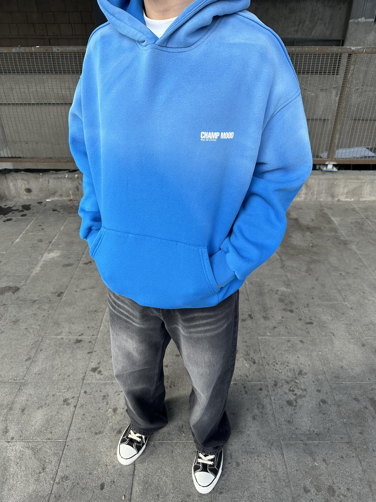 Oversize 'Champ Mood' Baskılı Hoodie Kapüşonlu Sweatshirt Mavi