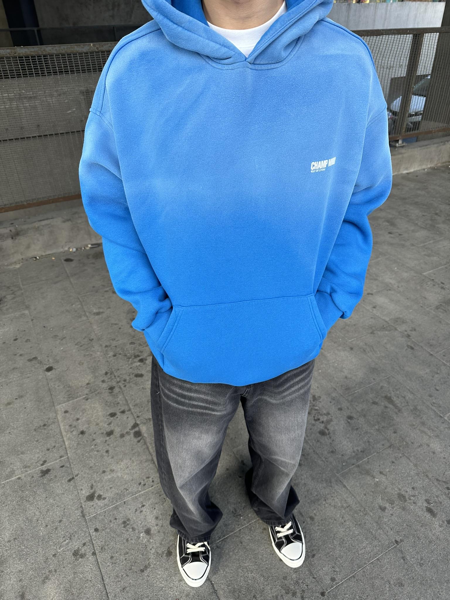 Oversize 'Champ Mood' Baskılı Hoodie Kapüşonlu Sweatshirt Mavi