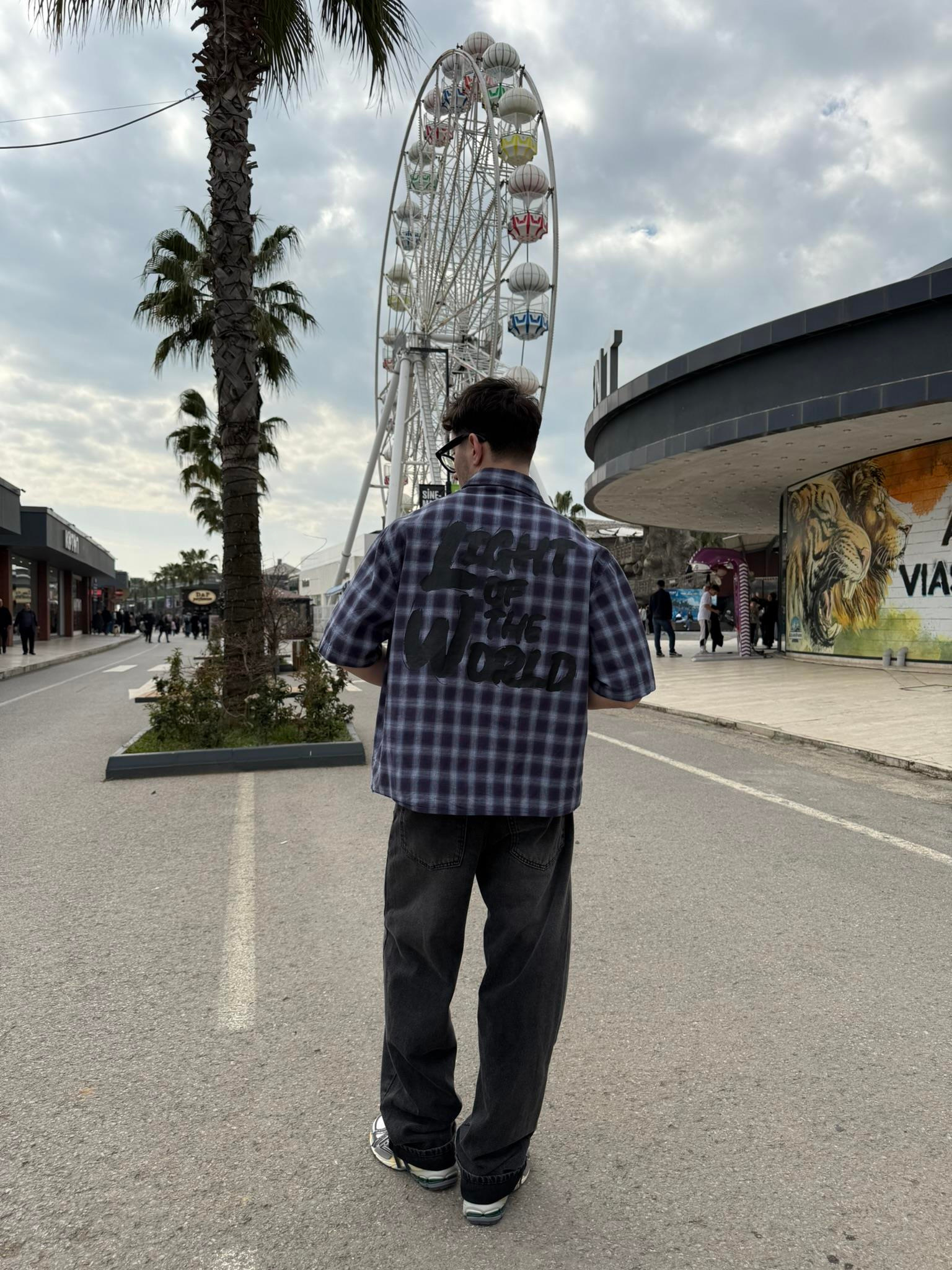 Oversize Ekose Baskılı Gömlek - Mavi