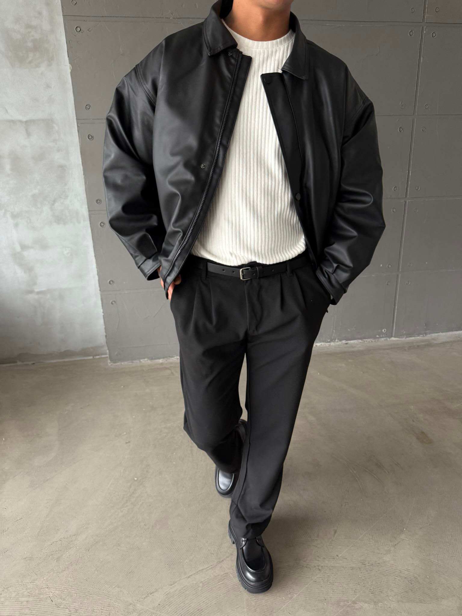 Oversize Fermuarlı ve Çıtçıtlı Deri Ceket