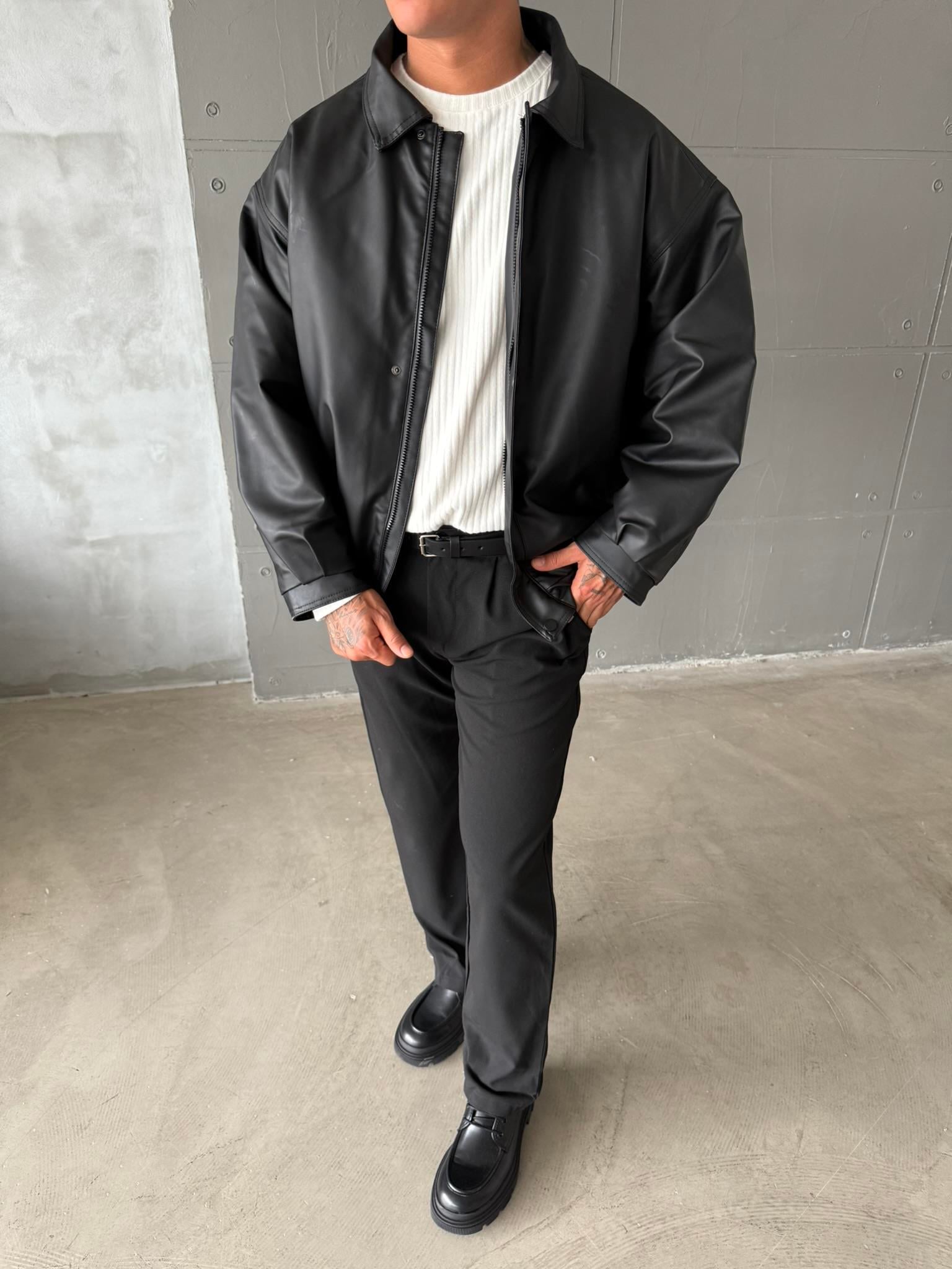 Oversize Fermuarlı ve Çıtçıtlı Deri Ceket