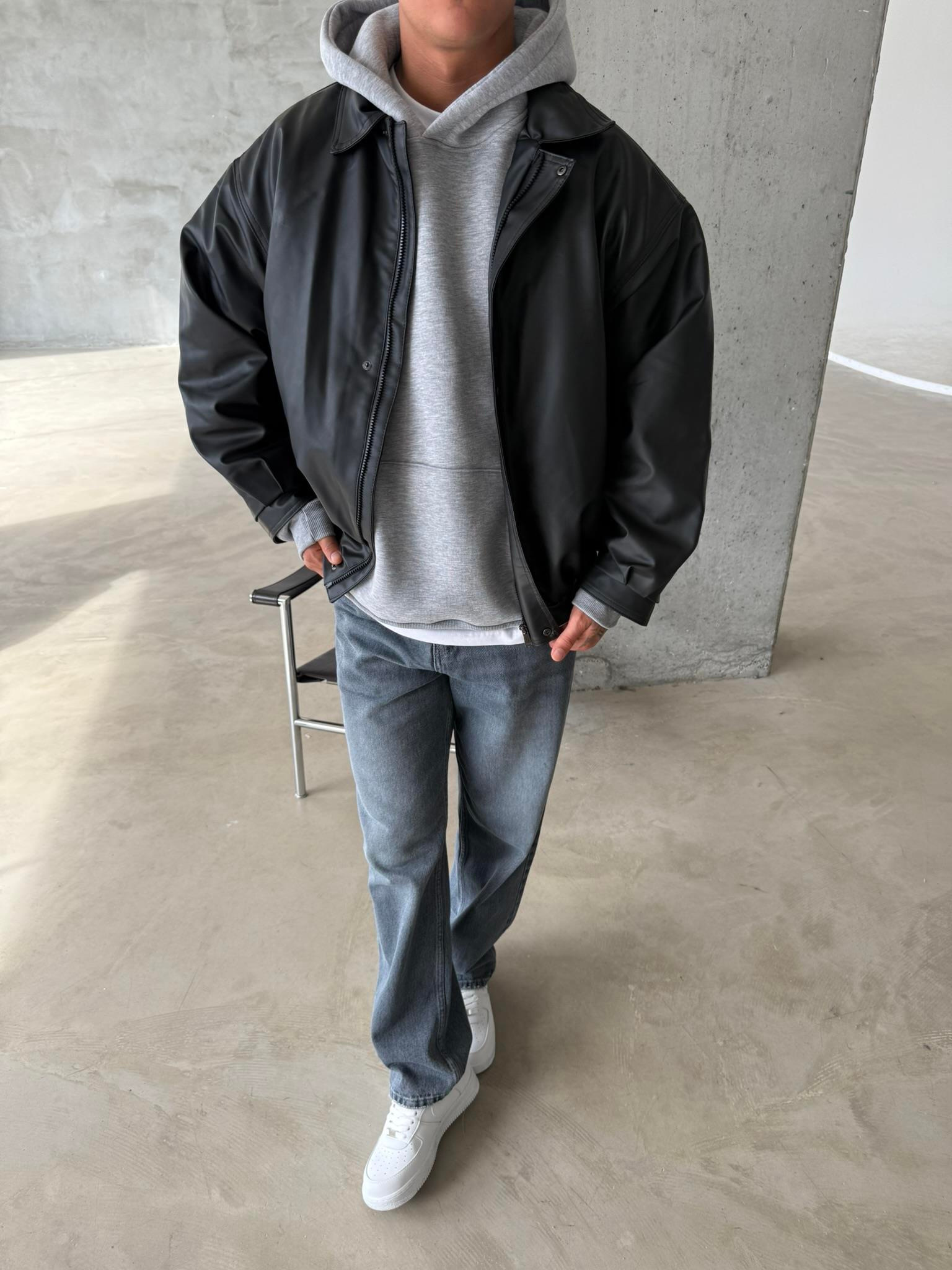 Oversize Fermuarlı ve Çıtçıtlı Deri Ceket