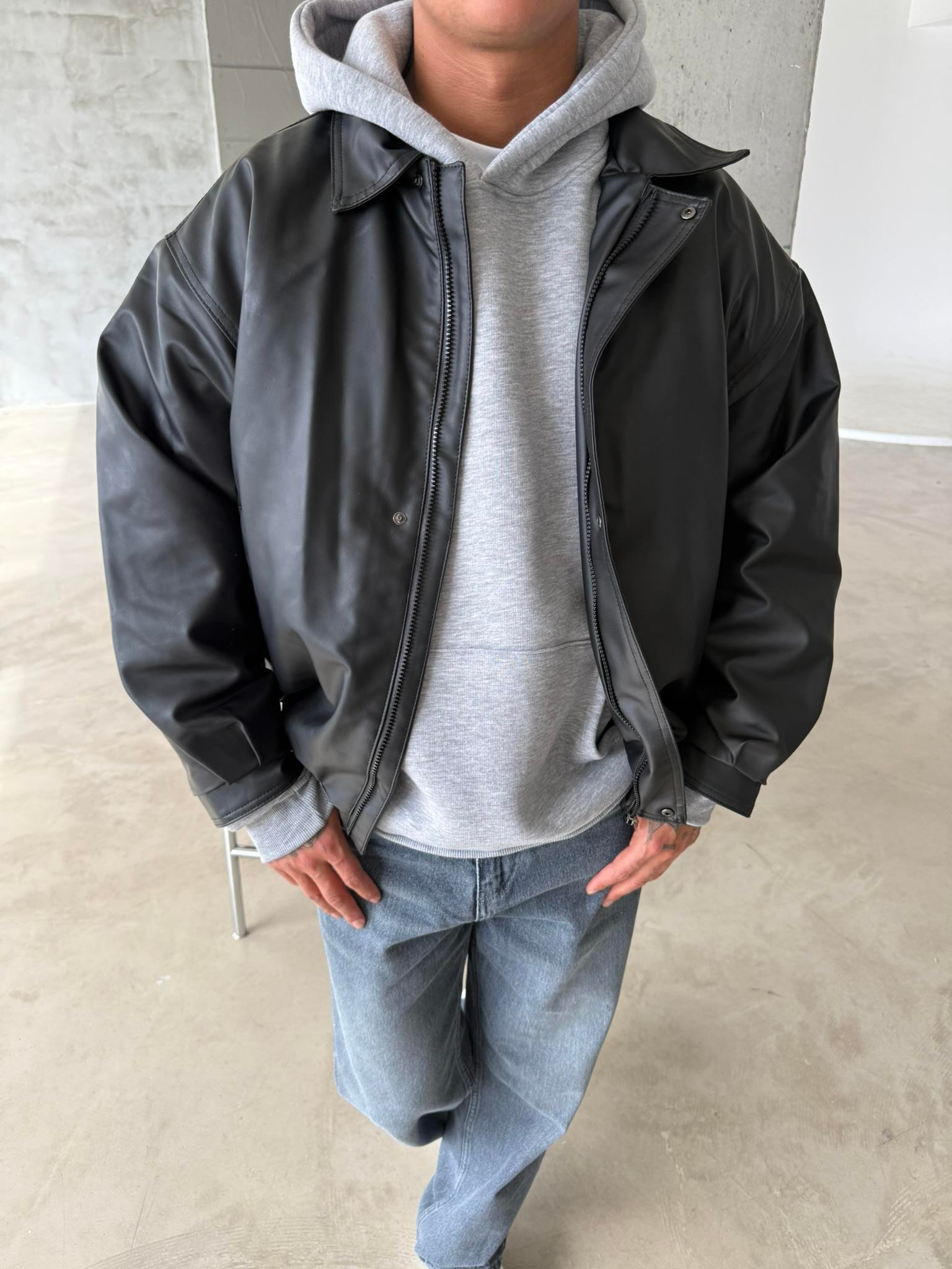 Oversize Fermuarlı ve Çıtçıtlı Deri Ceket