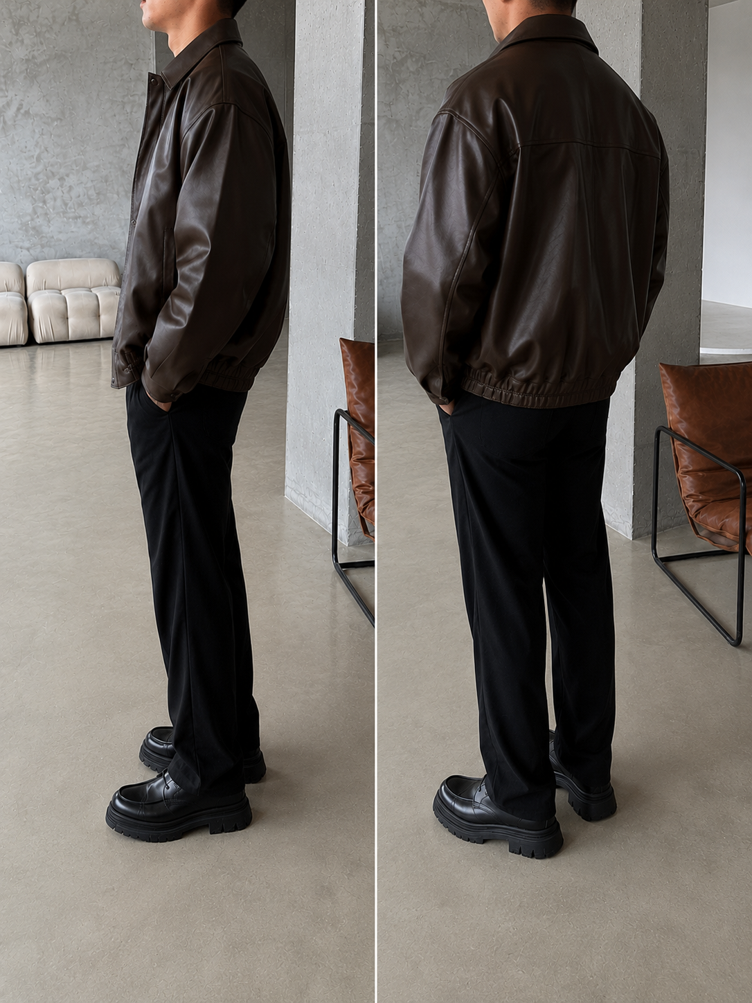 Oversize Fermuarlı ve Çıtçıtlı Deri Ceket