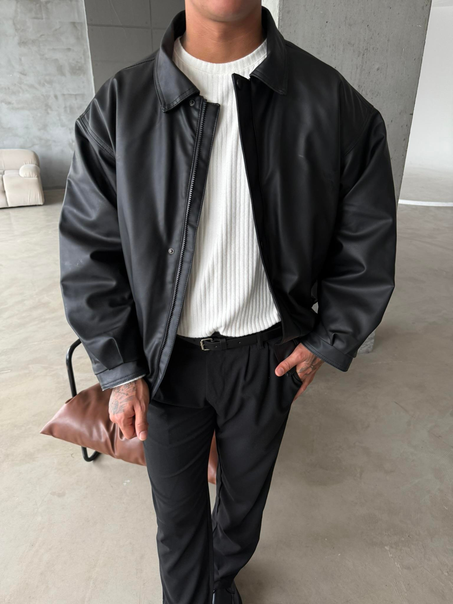 Oversize Fermuarlı ve Çıtçıtlı Deri Ceket