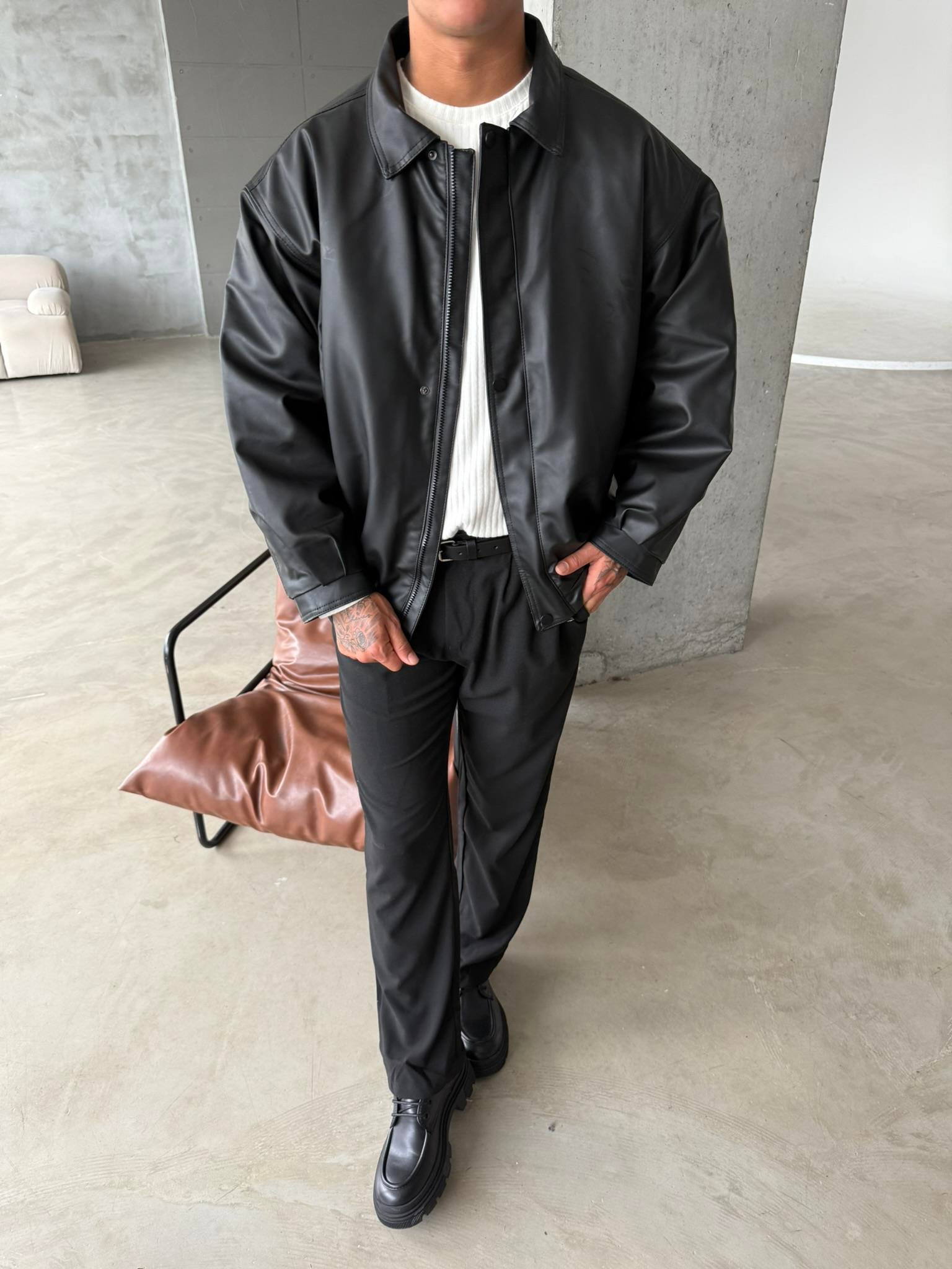 Oversize Fermuarlı ve Çıtçıtlı Deri Ceket