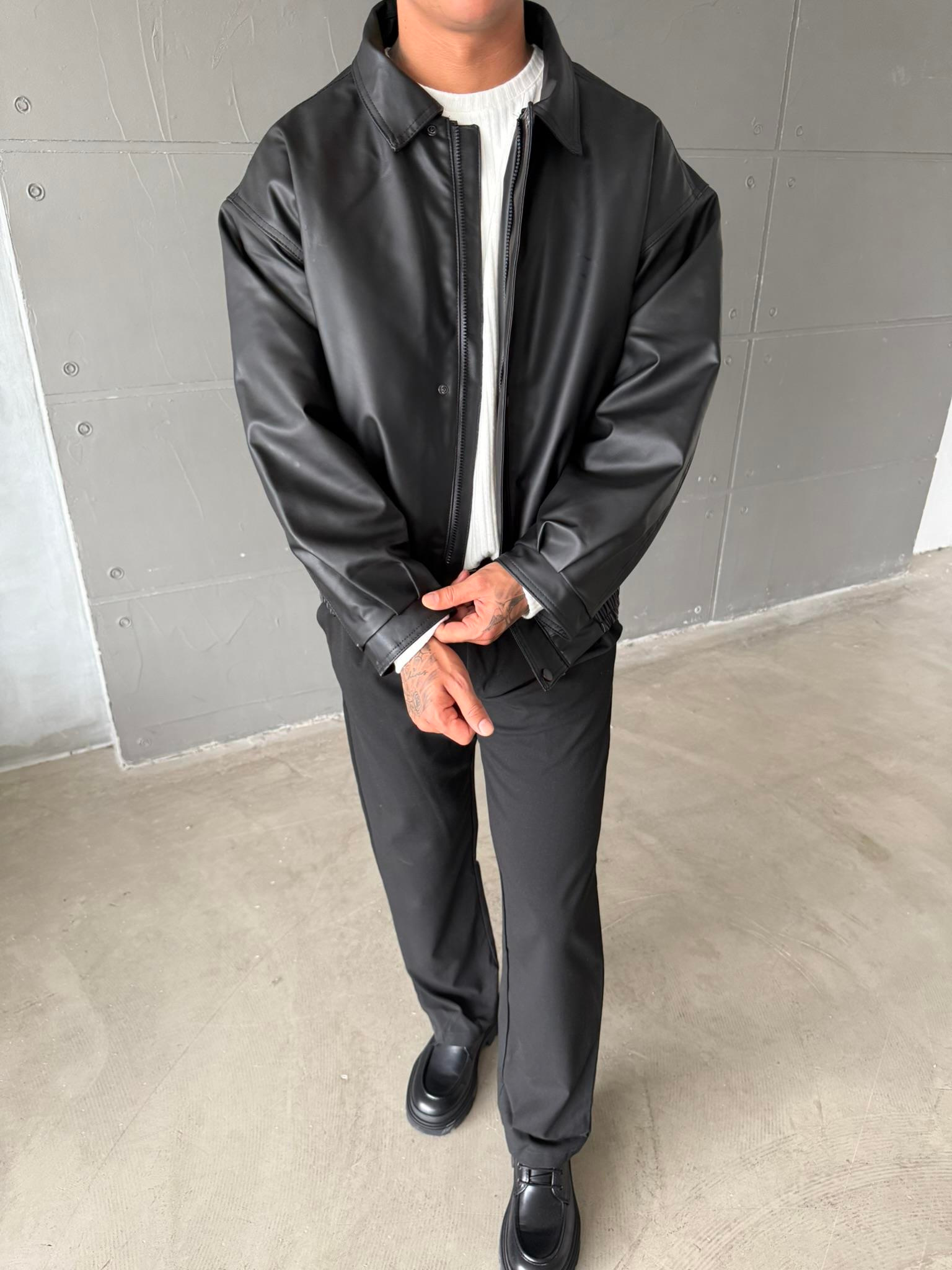 Oversize Fermuarlı ve Çıtçıtlı Deri Ceket