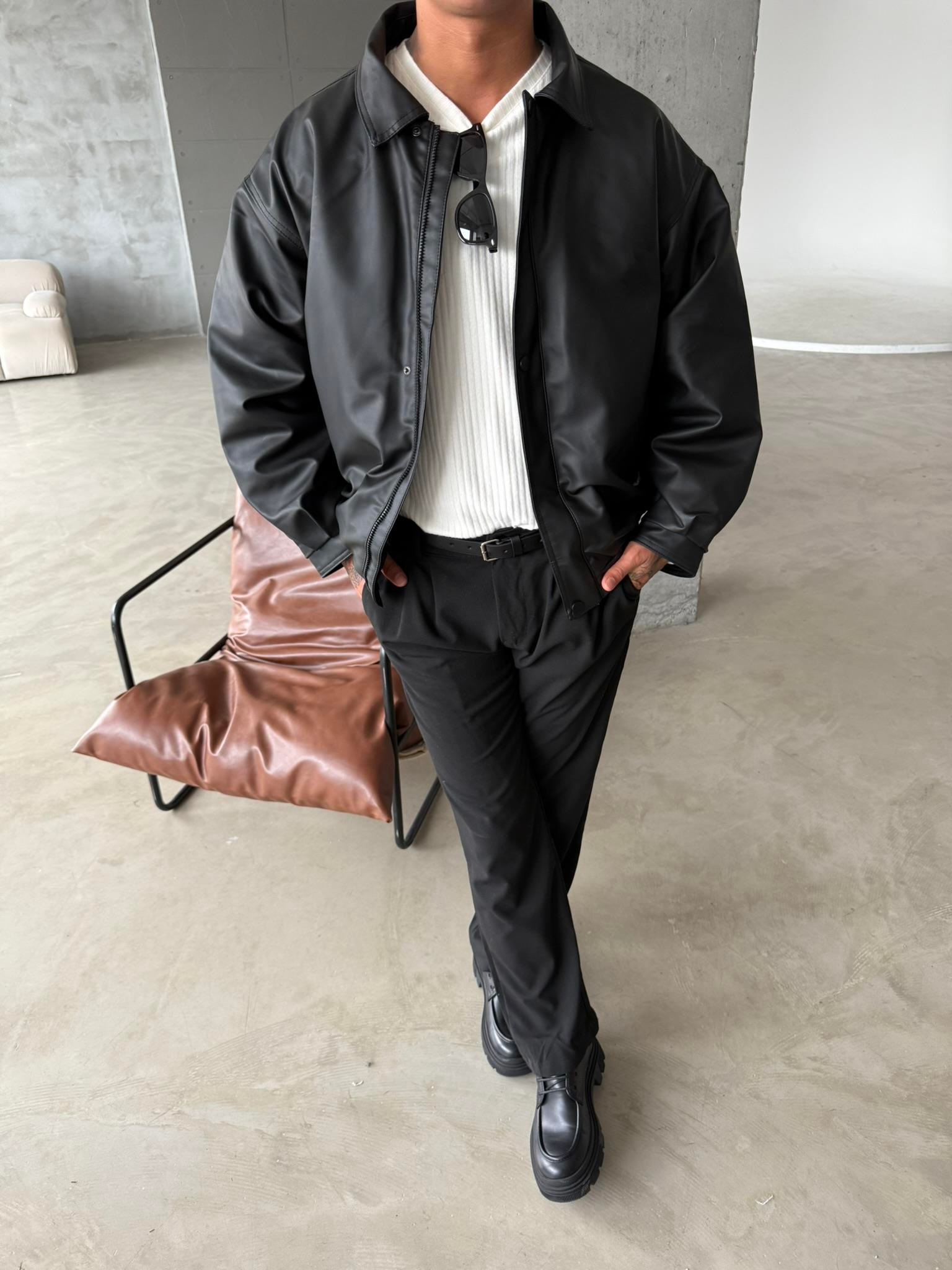 Oversize Fermuarlı ve Çıtçıtlı Deri Ceket