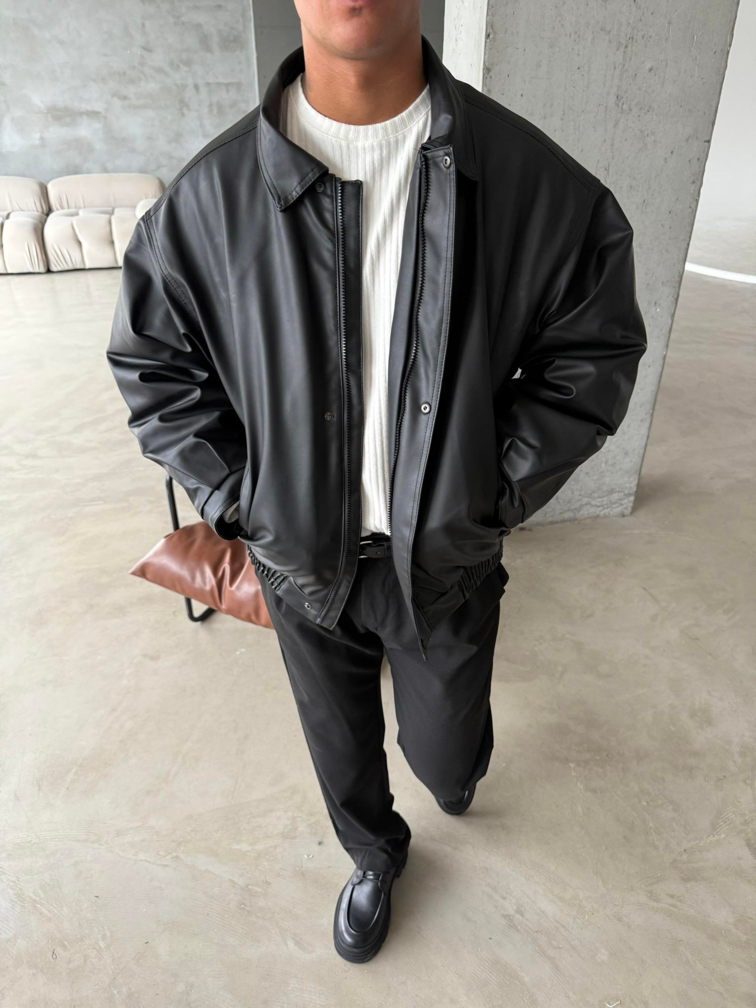 Oversize Fermuarlı ve Çıtçıtlı Deri Ceket
