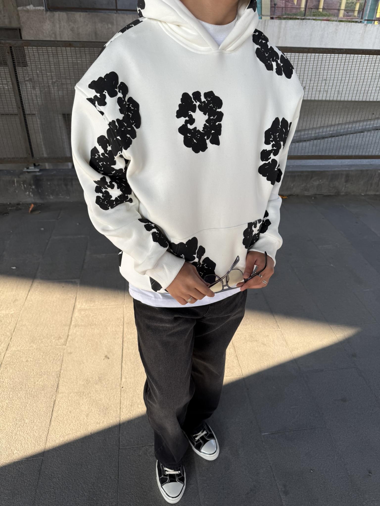 Oversize Özel Tasarım Baskılı Kapüşonlu Hoodie Sweatshirt Beyaz