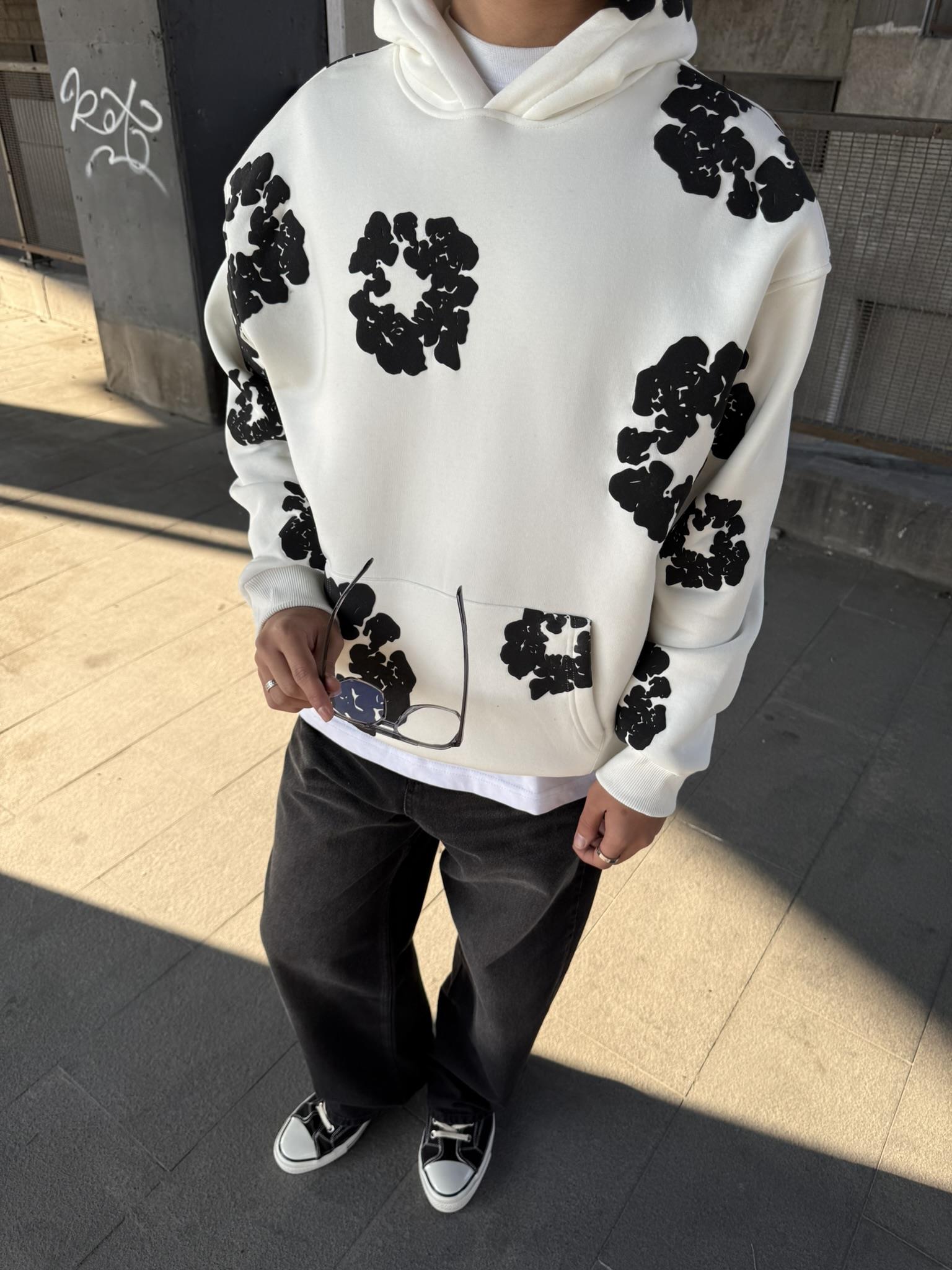 Oversize Özel Tasarım Baskılı Kapüşonlu Hoodie Sweatshirt Beyaz