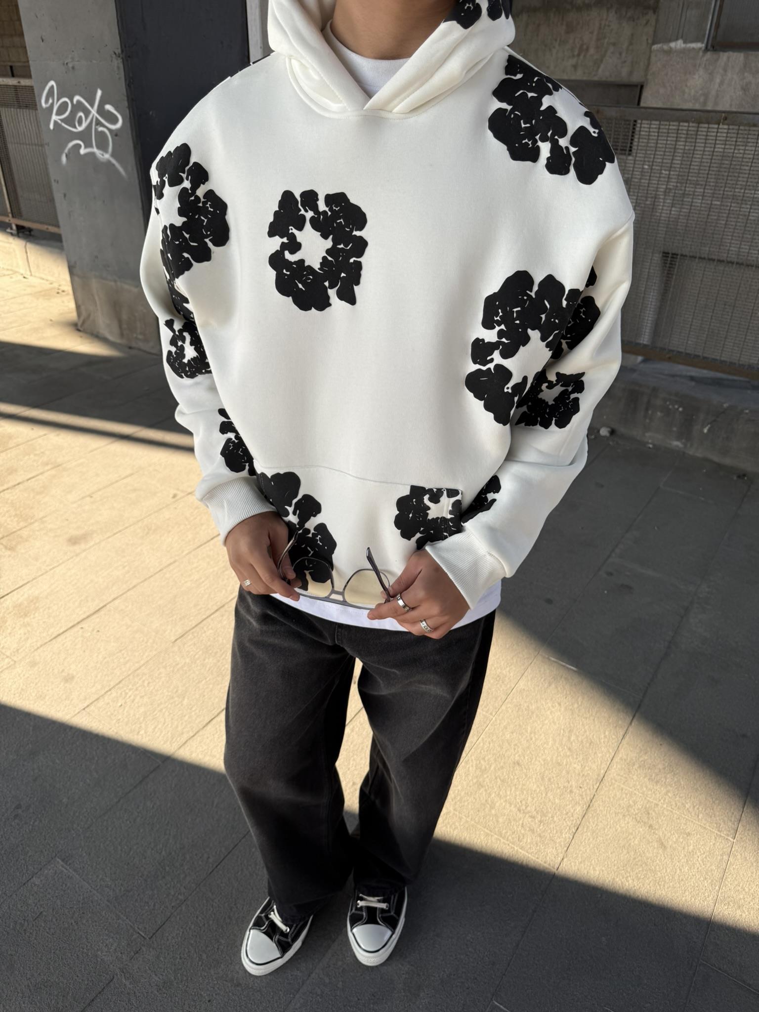 Oversize Özel Tasarım Baskılı Kapüşonlu Hoodie Sweatshirt Beyaz