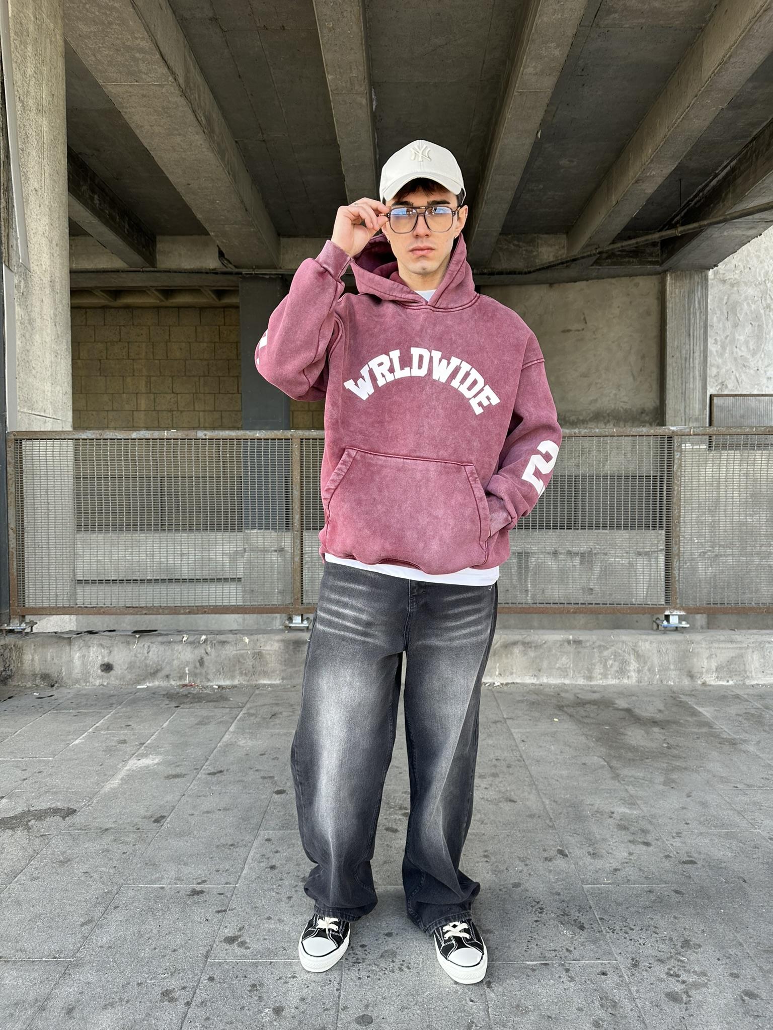 Oversize 'Worldwide' Baskılı Hoodie Kapüşonlu Sweatshirt Bordo