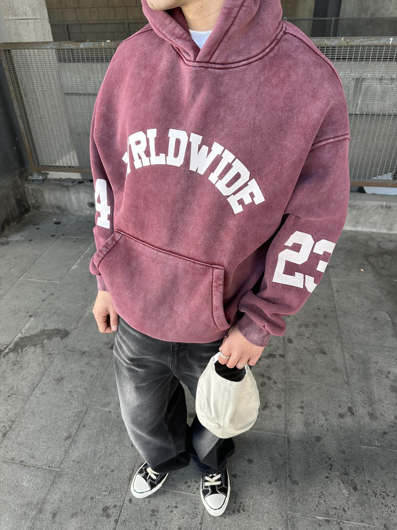 Oversize 'Worldwide' Baskılı Hoodie Kapüşonlu Sweatshirt Bordo