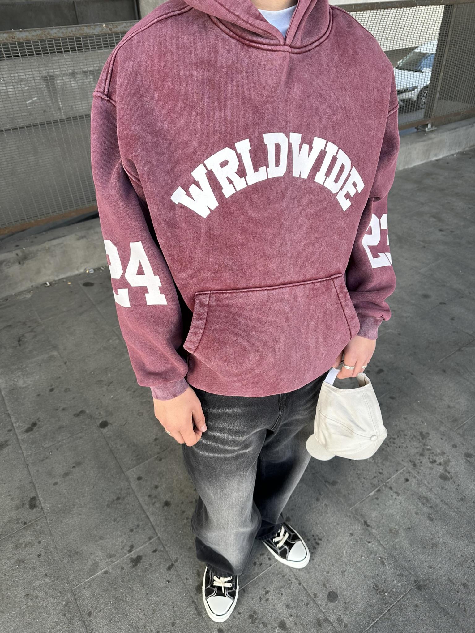 Oversize 'Worldwide' Baskılı Hoodie Kapüşonlu Sweatshirt Bordo