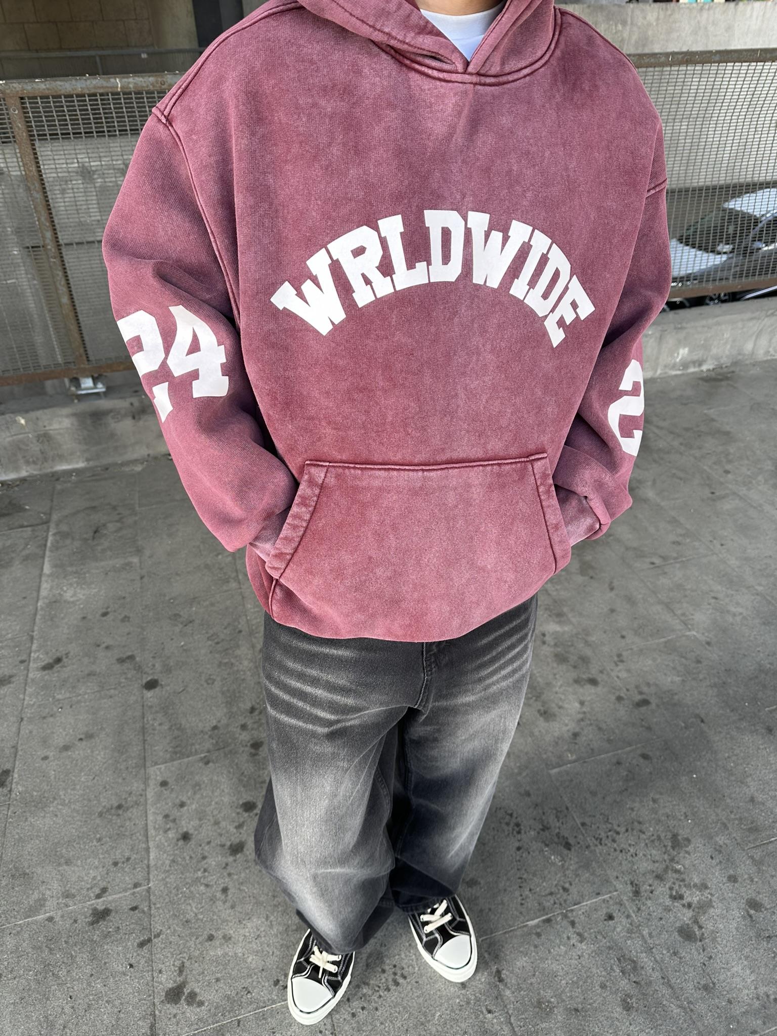 Oversize 'Worldwide' Baskılı Hoodie Kapüşonlu Sweatshirt Bordo