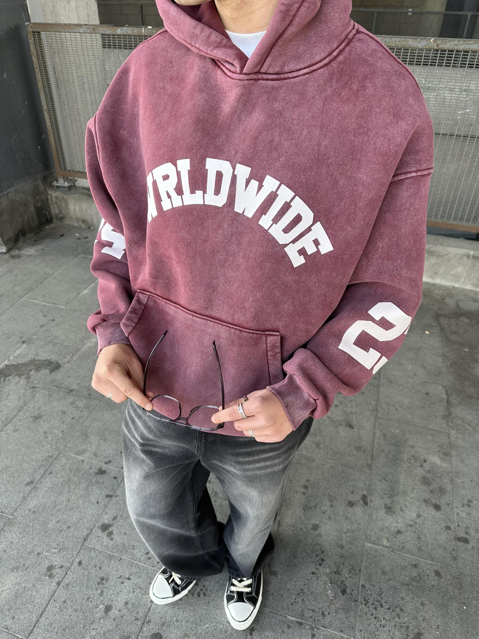 Oversize 'Worldwide' Baskılı Hoodie Kapüşonlu Sweatshirt Bordo