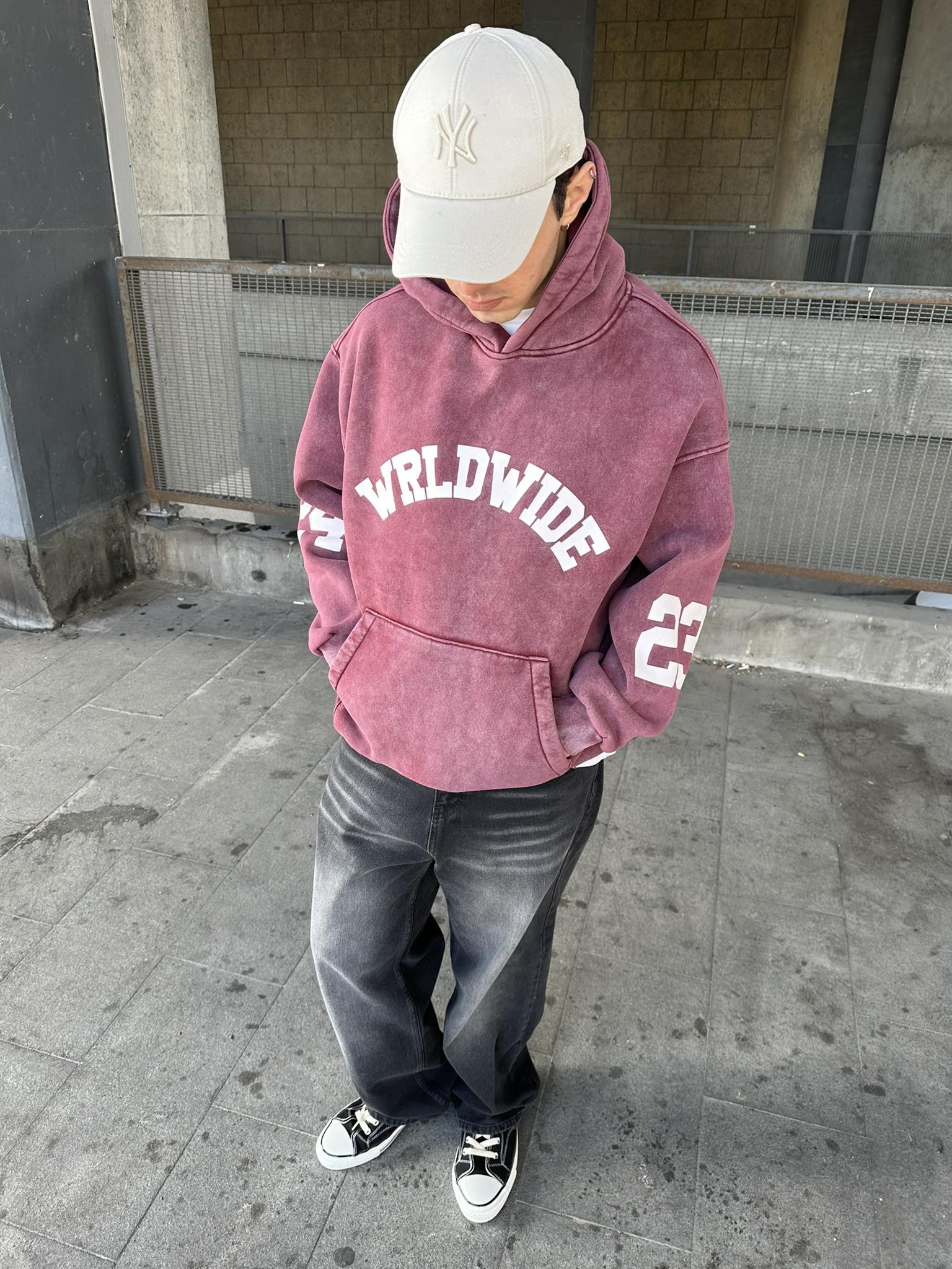 Oversize 'Worldwide' Baskılı Hoodie Kapüşonlu Sweatshirt Bordo