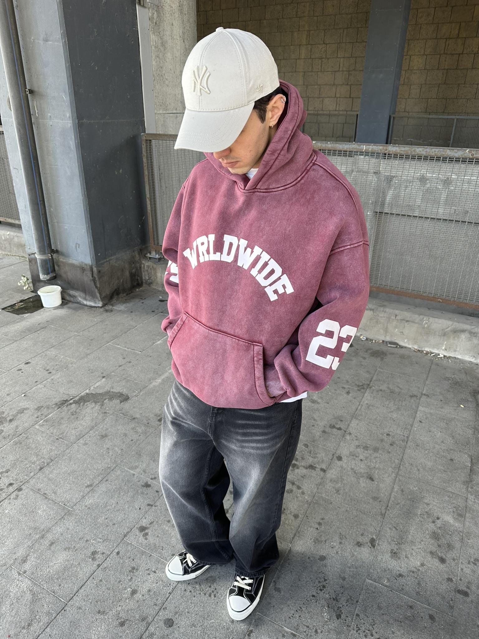 Oversize 'Worldwide' Baskılı Hoodie Kapüşonlu Sweatshirt Bordo