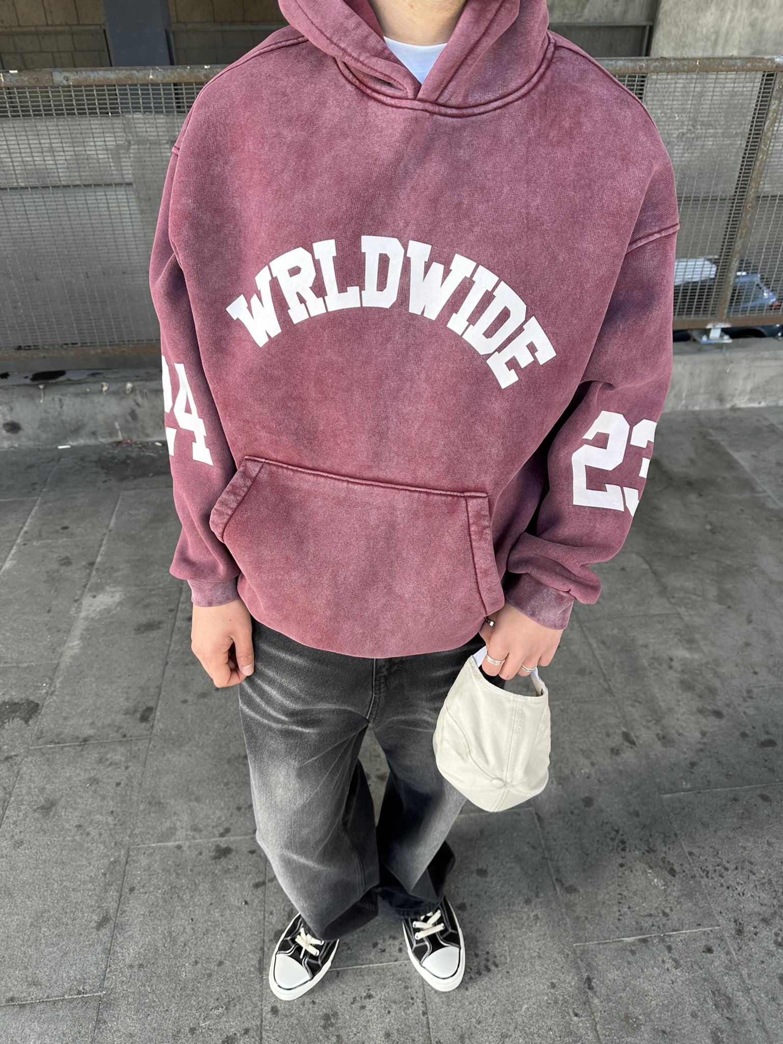 Oversize 'Worldwide' Baskılı Hoodie Kapüşonlu Sweatshirt Bordo