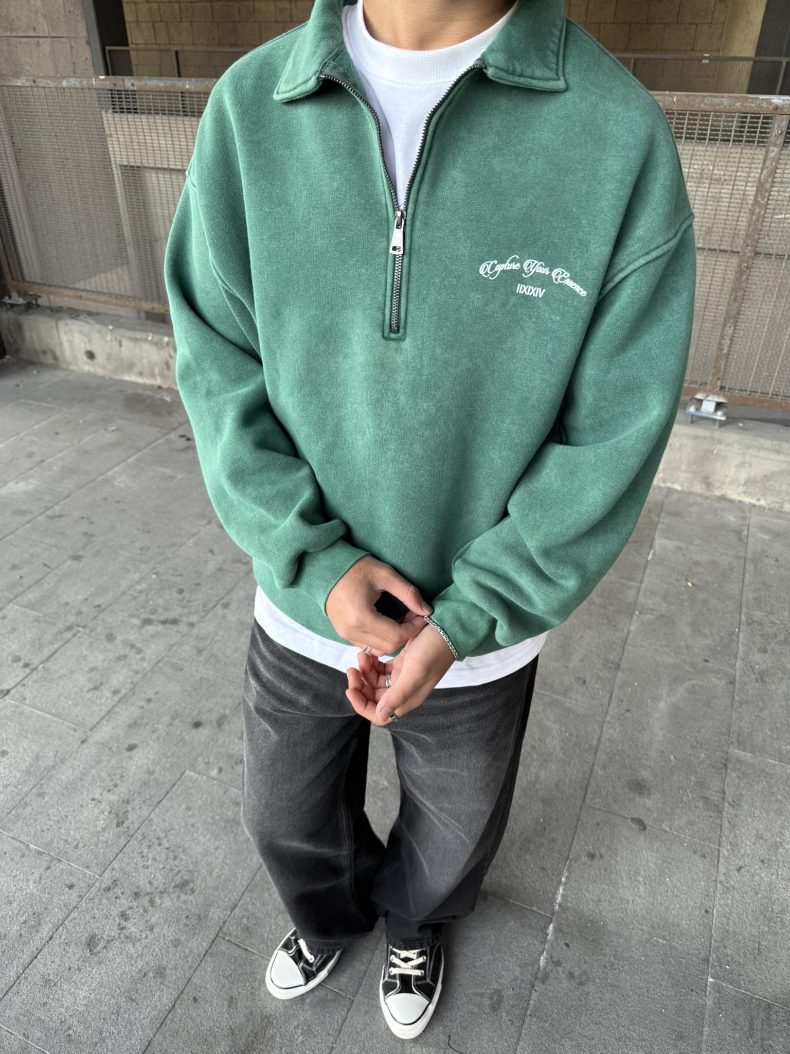 Oversize Yarım Fermuarlı Baskılı Yıkamalı Sweatshirt Çağla