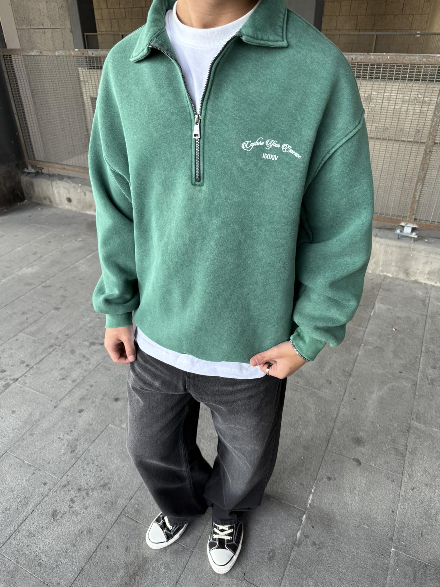 Oversize Yarım Fermuarlı Baskılı Yıkamalı Sweatshirt Çağla