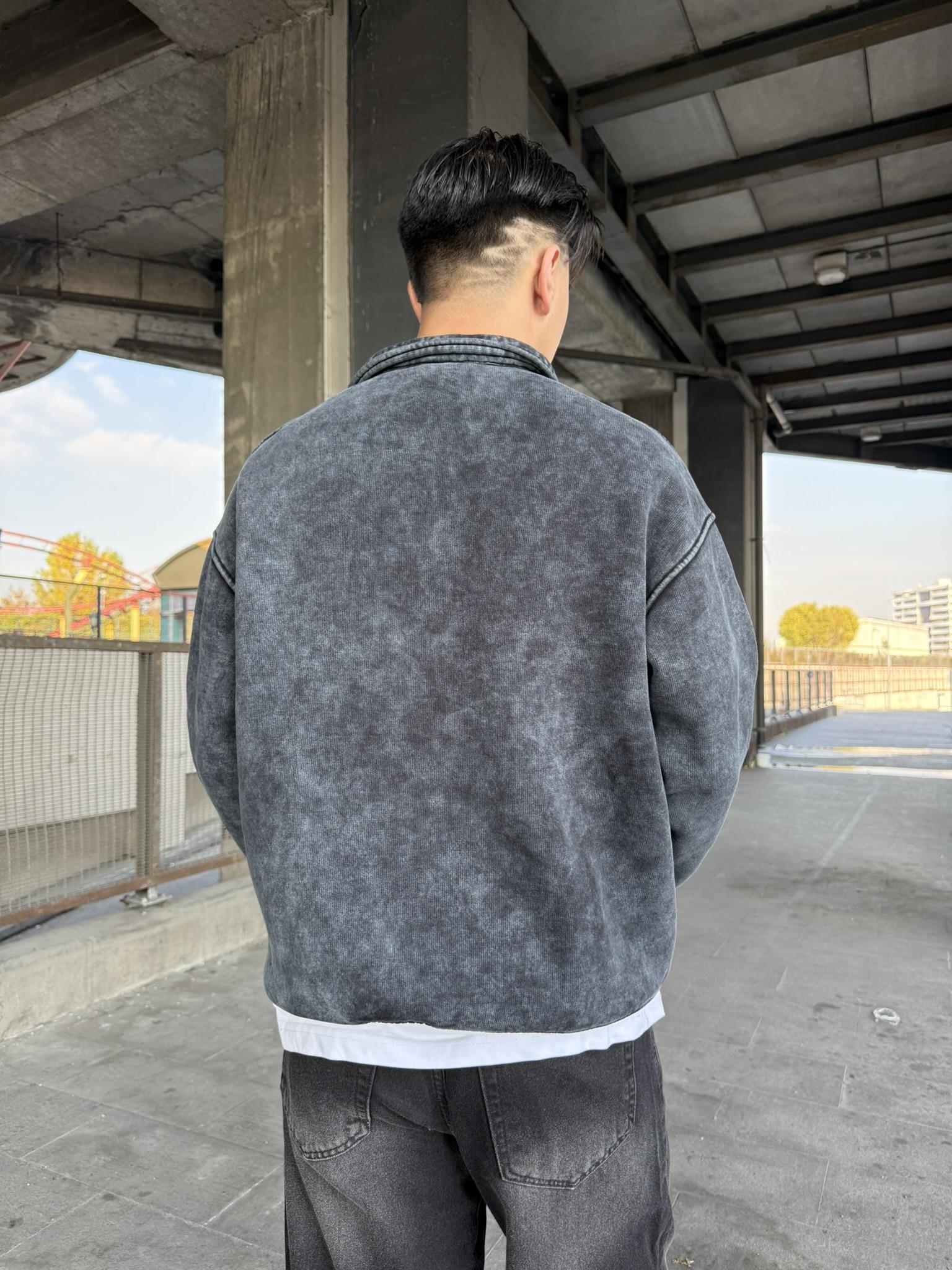 Oversize Yarım Fermuarlı Baskılı Yıkamalı Sweatshirt Antrasit