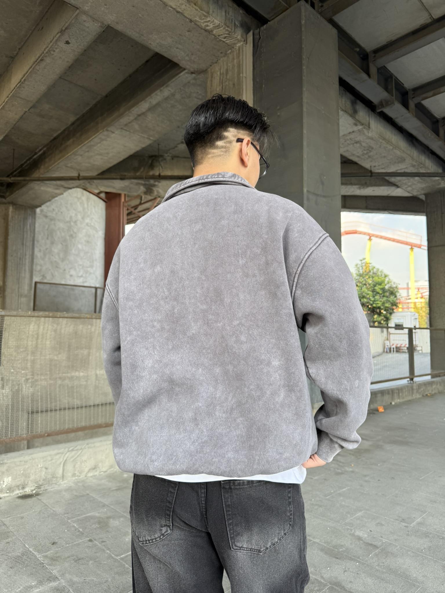 Oversize Yarım Fermuarlı Baskılı Yıkamalı Sweatshirt Kahverengi