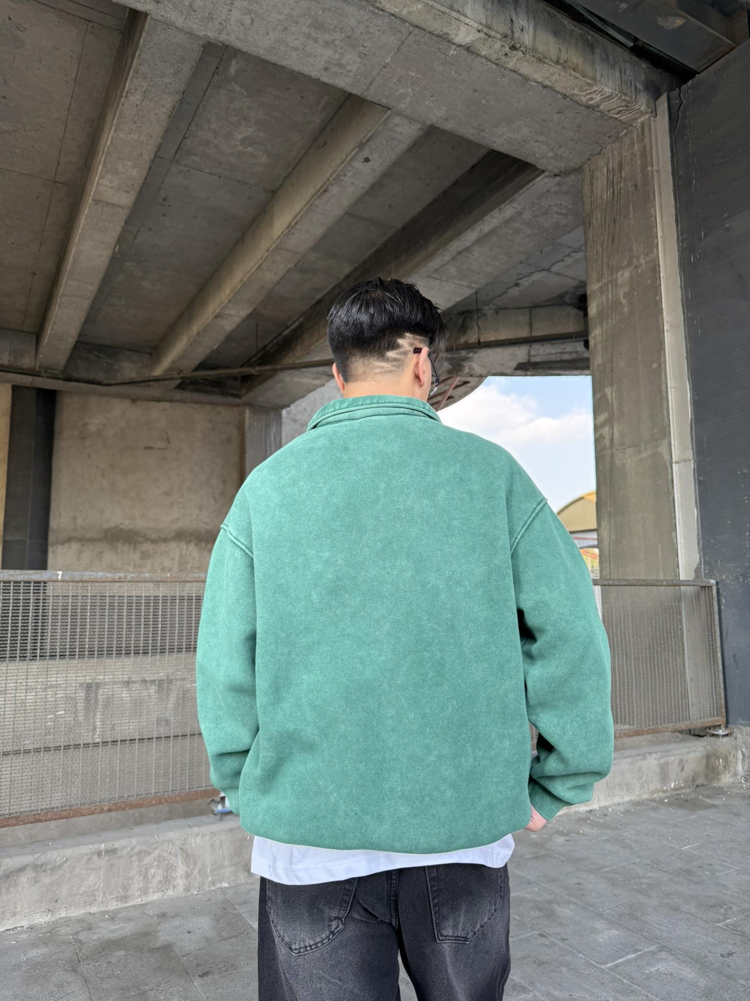 Oversize Yarım Fermuarlı Baskılı Yıkamalı Sweatshirt Çağla