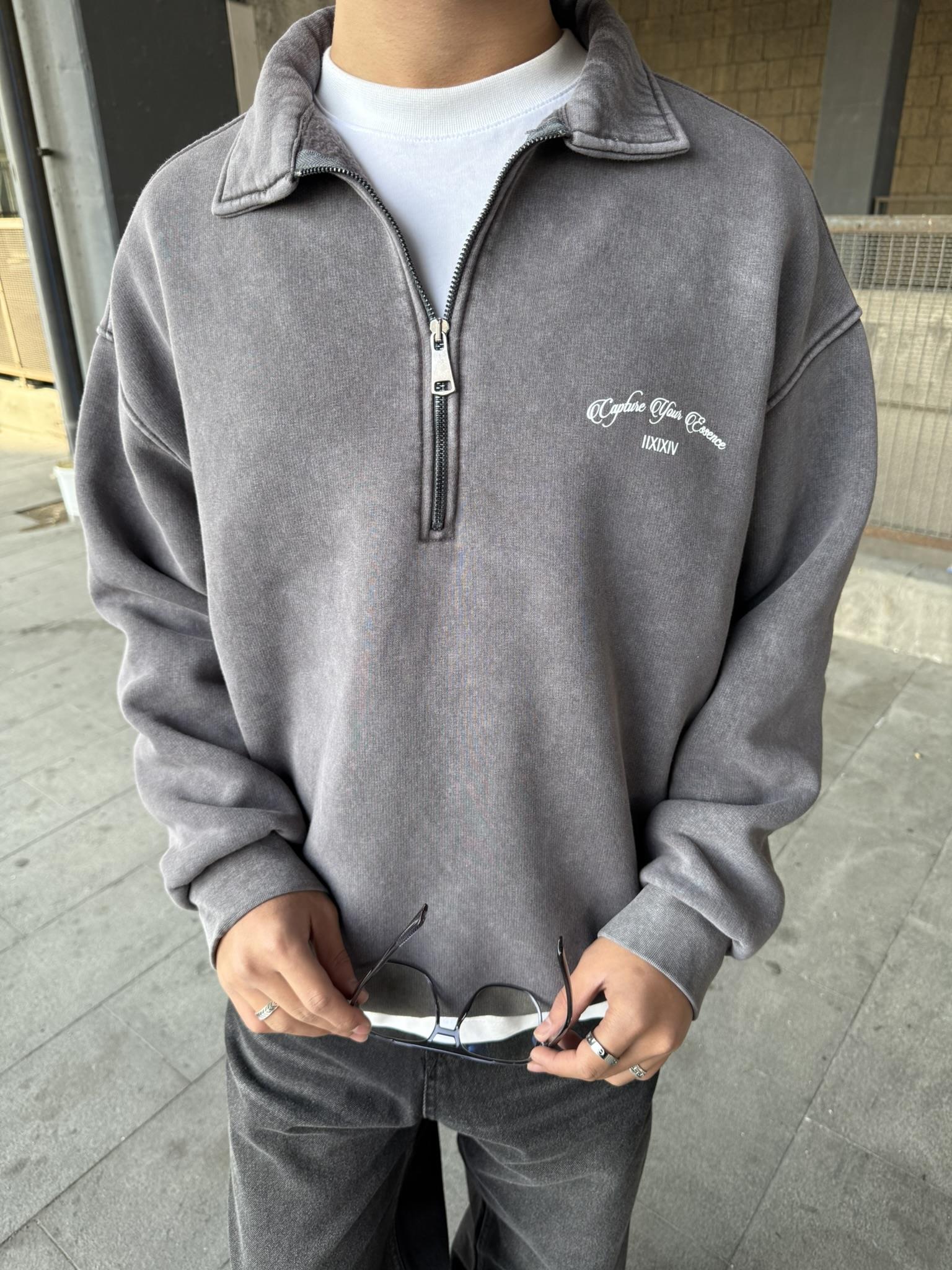 Oversize Yarım Fermuarlı Baskılı Yıkamalı Sweatshirt Kahverengi