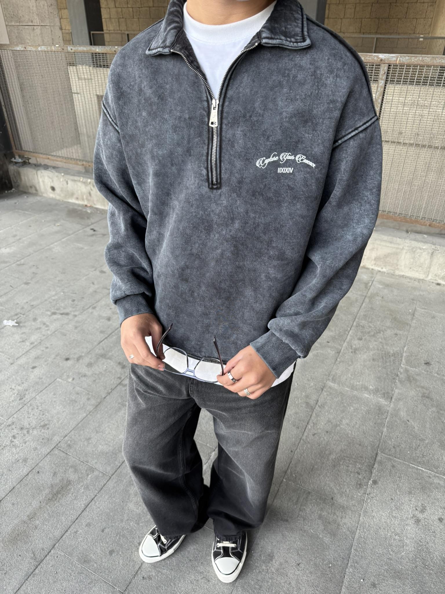 Oversize Yarım Fermuarlı Baskılı Yıkamalı Sweatshirt Antrasit
